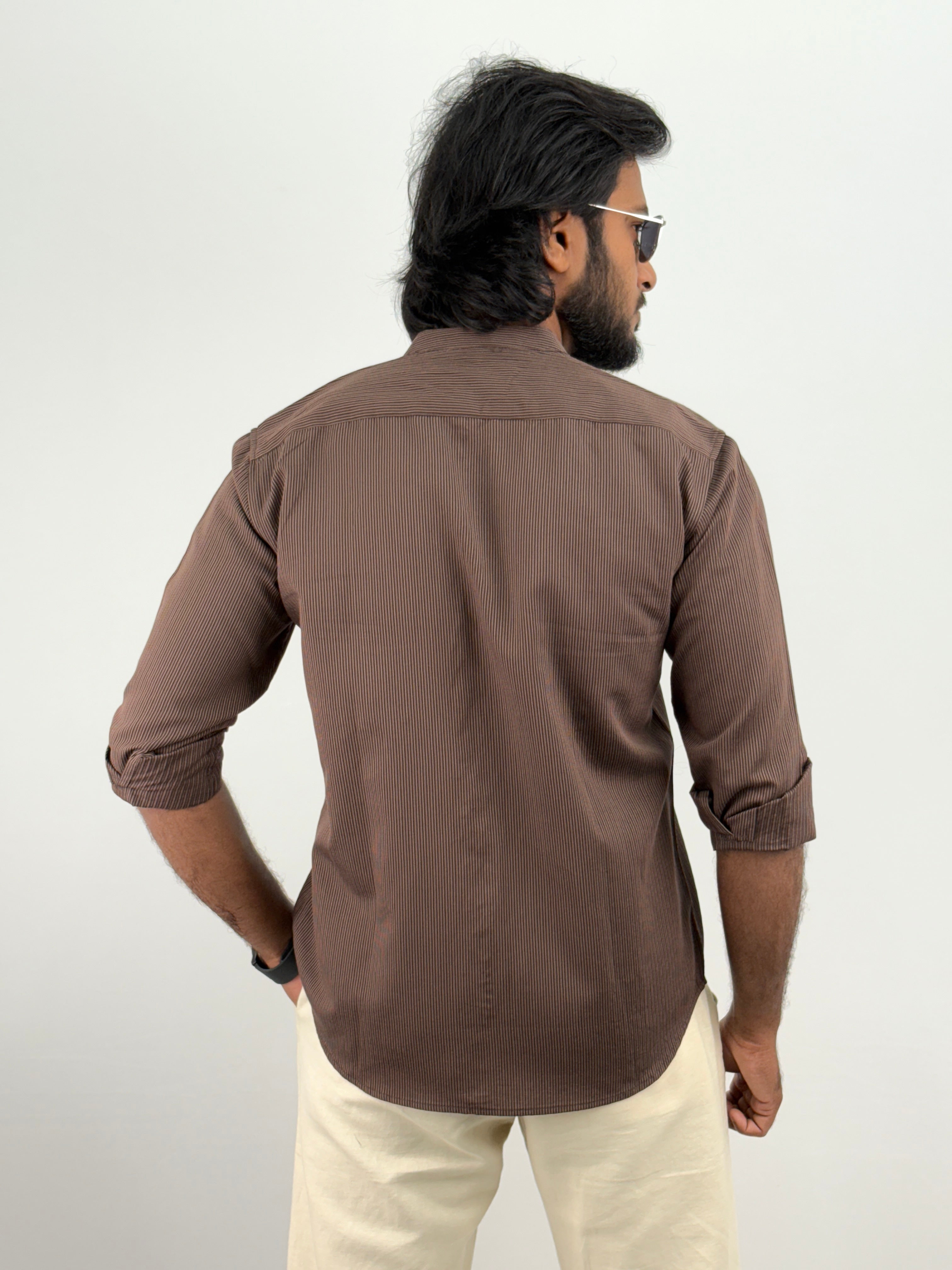 Brown Mandarin Collar Stripe Shirt