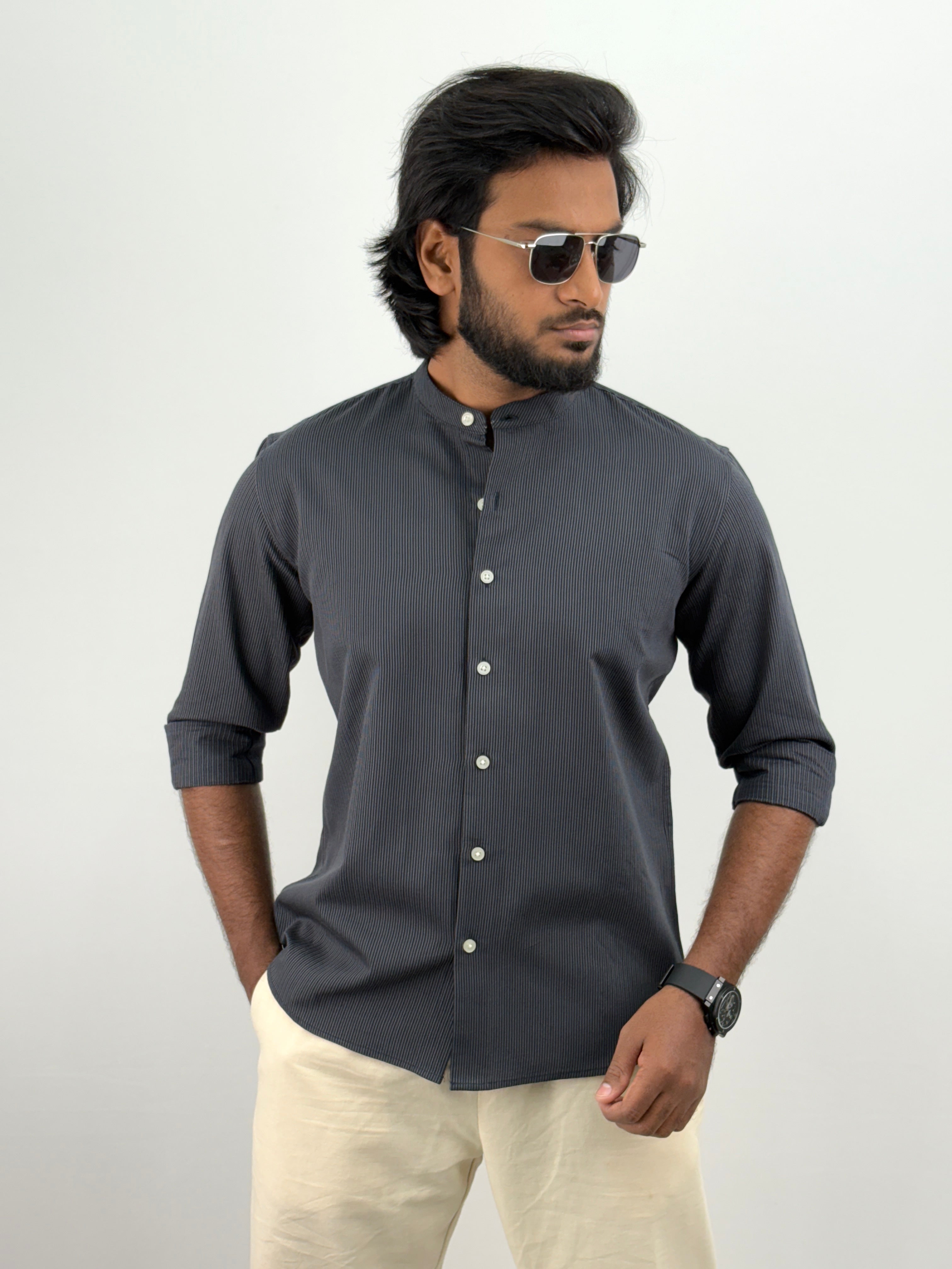 Navy Mandarin Collar Stripe Shirt
