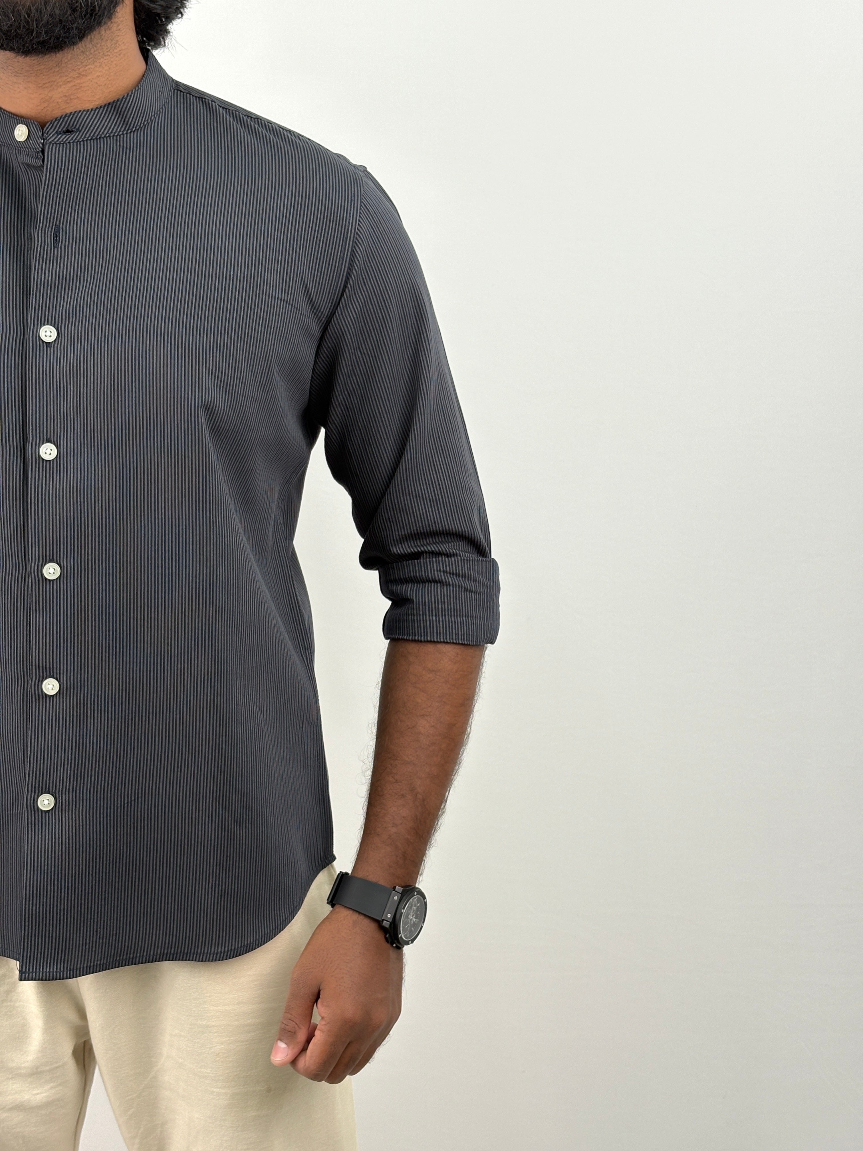 Navy Mandarin Collar Stripe Shirt