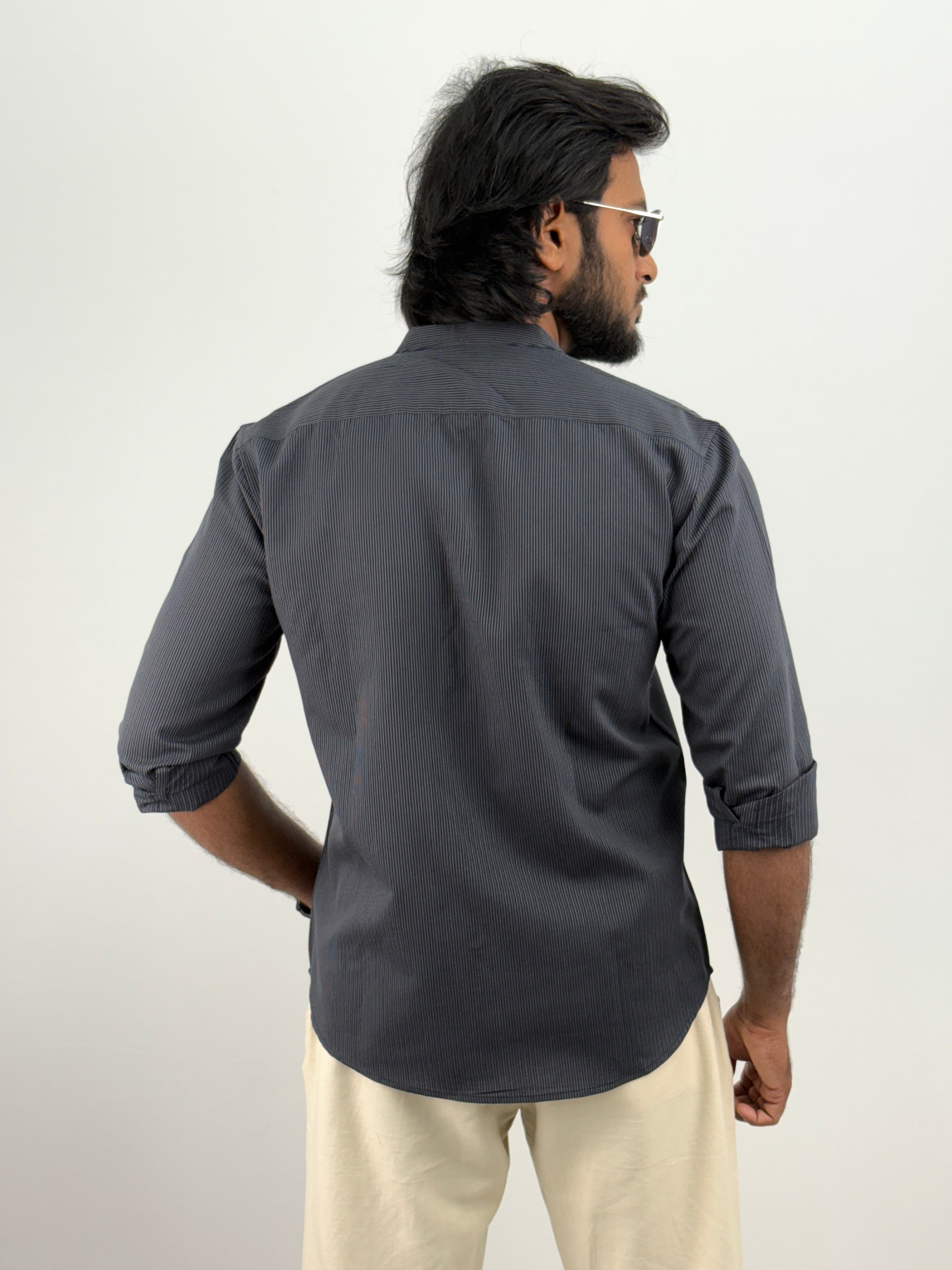 Navy Mandarin Collar Stripe Shirt