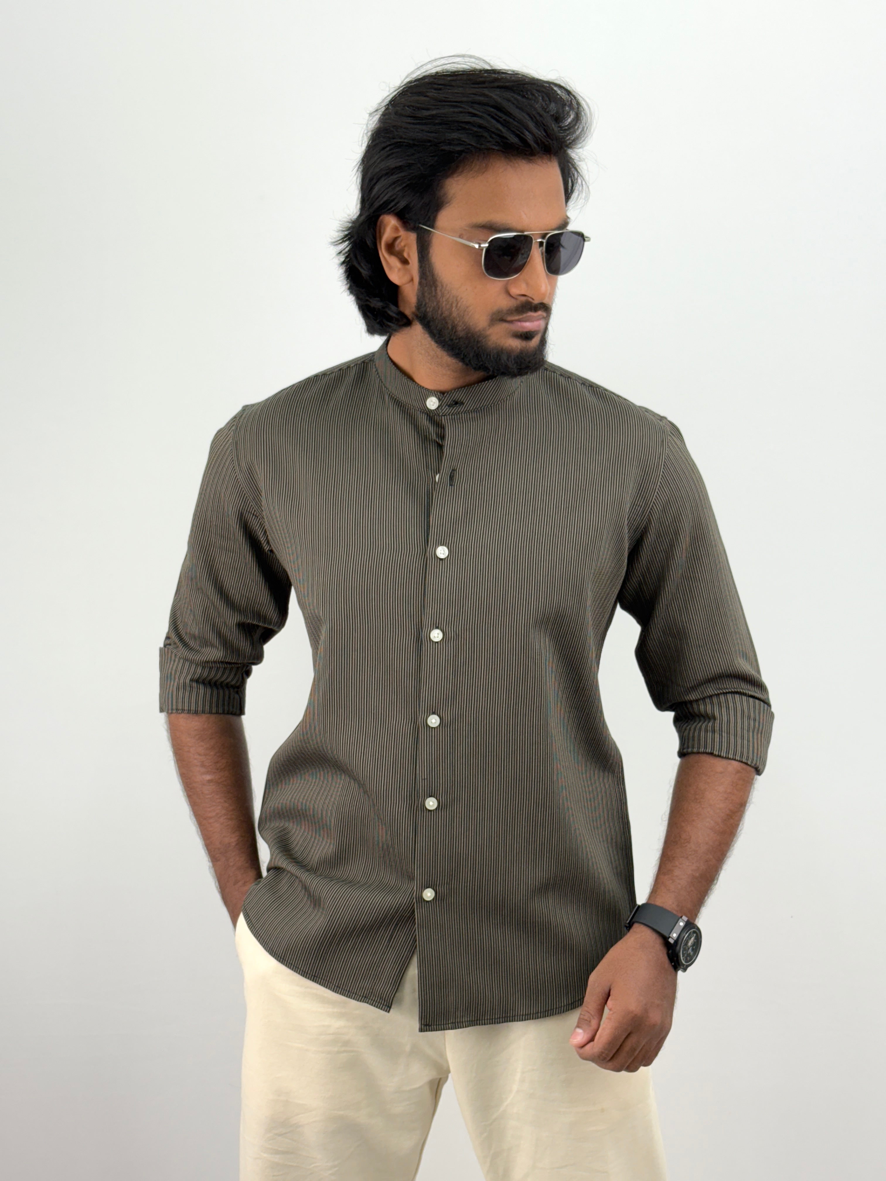 Green Mandarin Collar Stripe Shirt