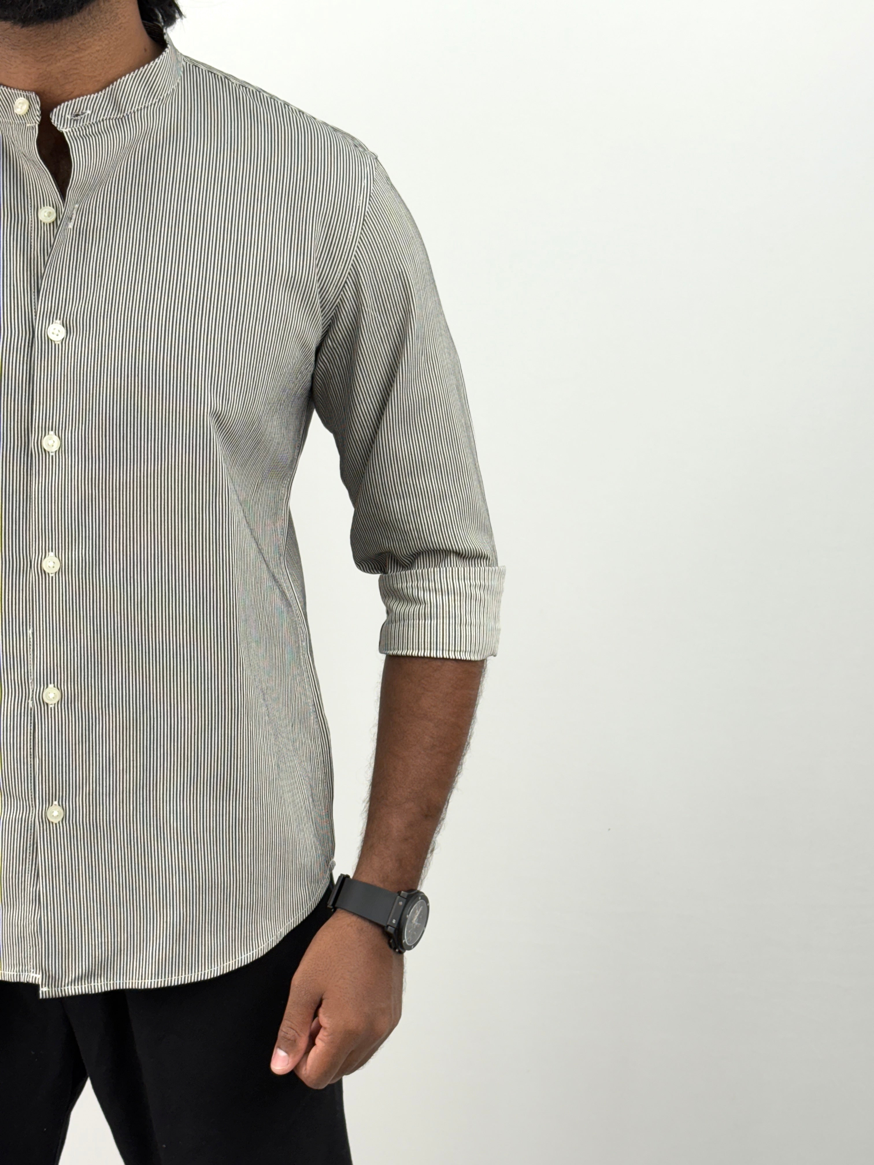 White Black Mandarin Collar Stripe Shirt