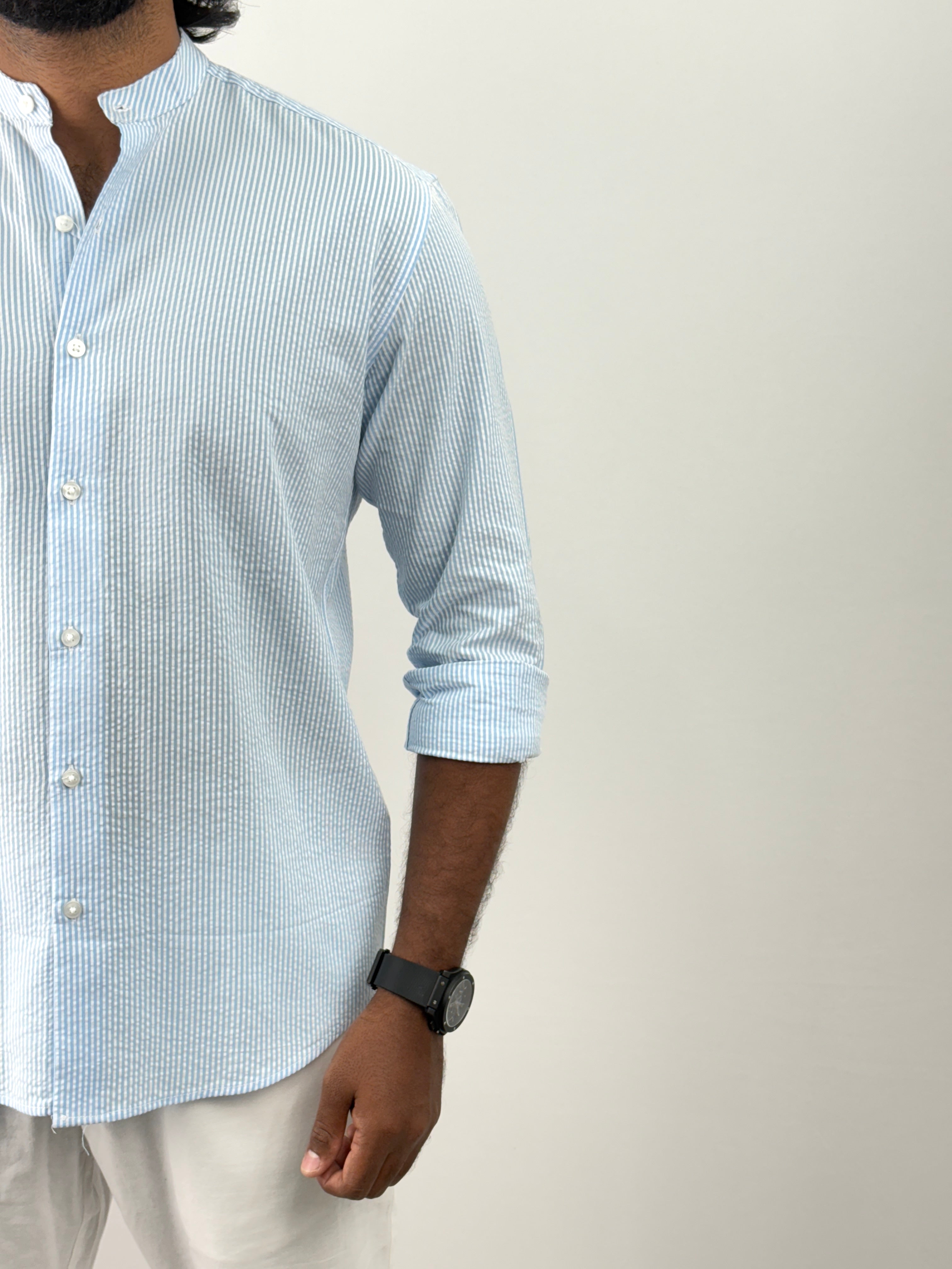 Blue Mandarin Collar Shirts