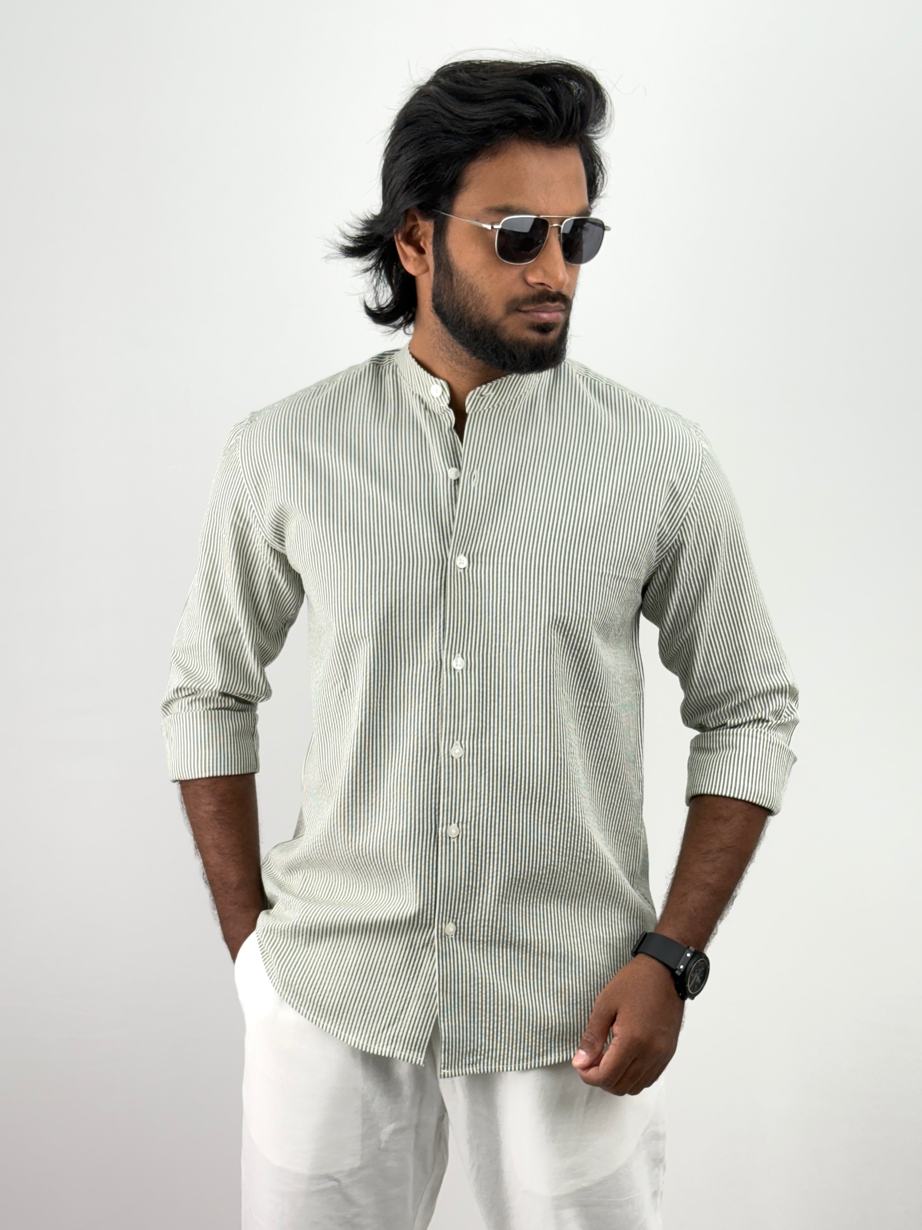 Green Mandarin Collar Shirts