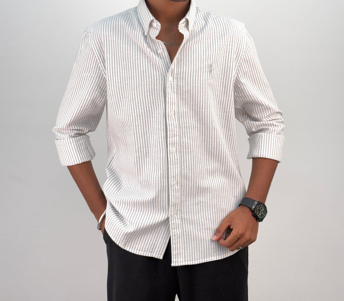 Grey Old Money Linen Stripe Shirt 2