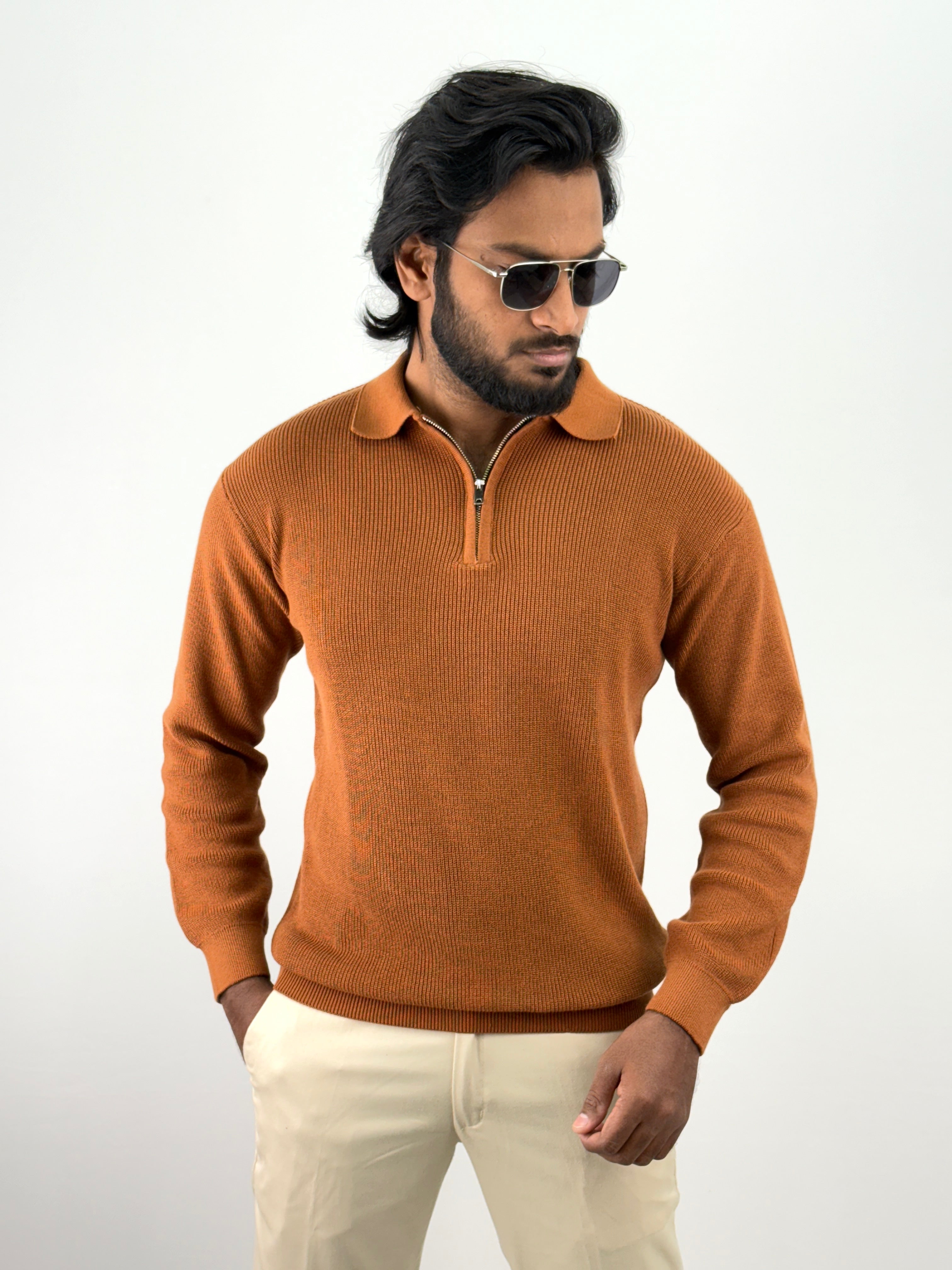 Brown Full Sleeve Zipper T-Shirt