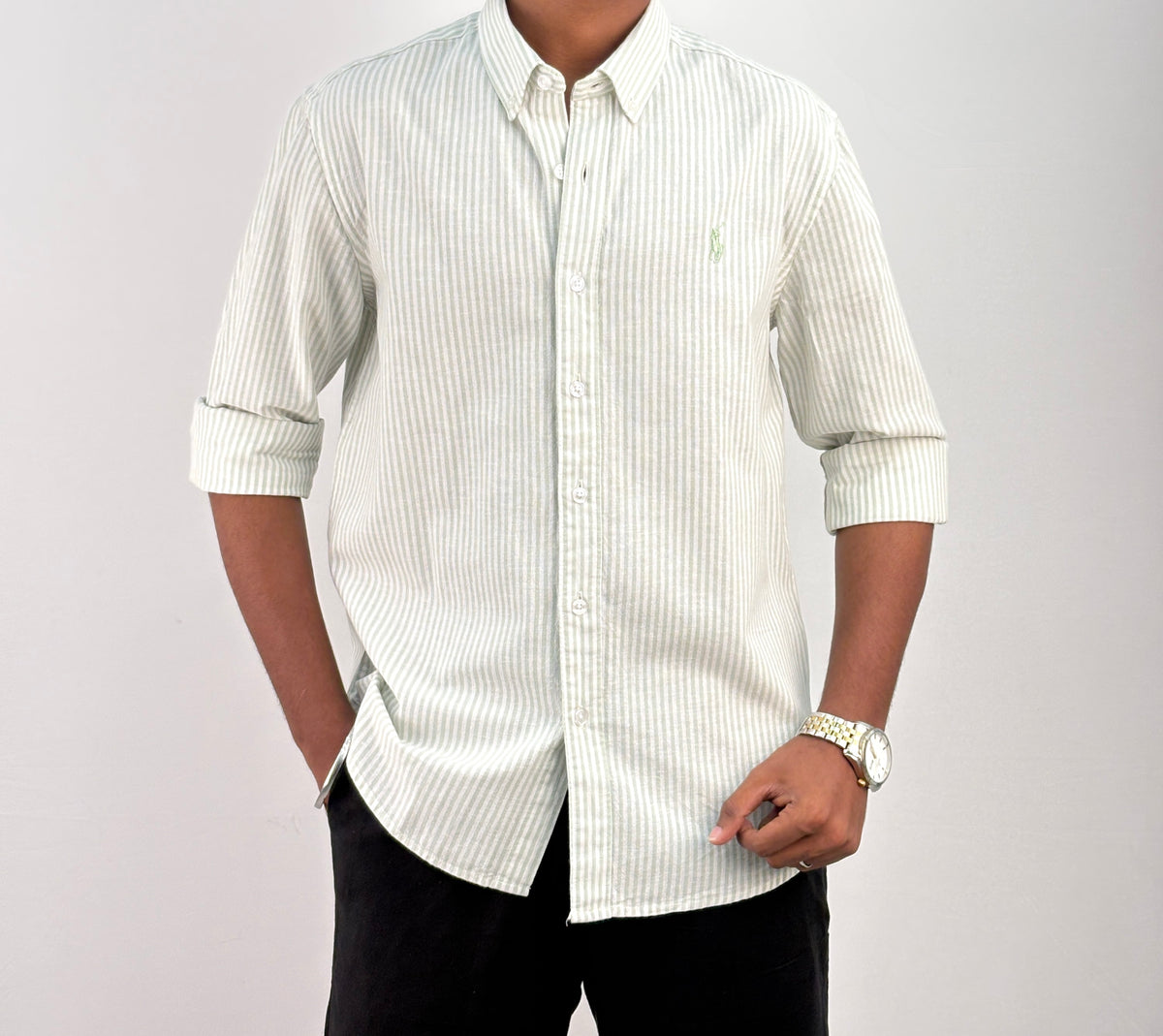 Green Old Money Linen Stripe Shirt 2