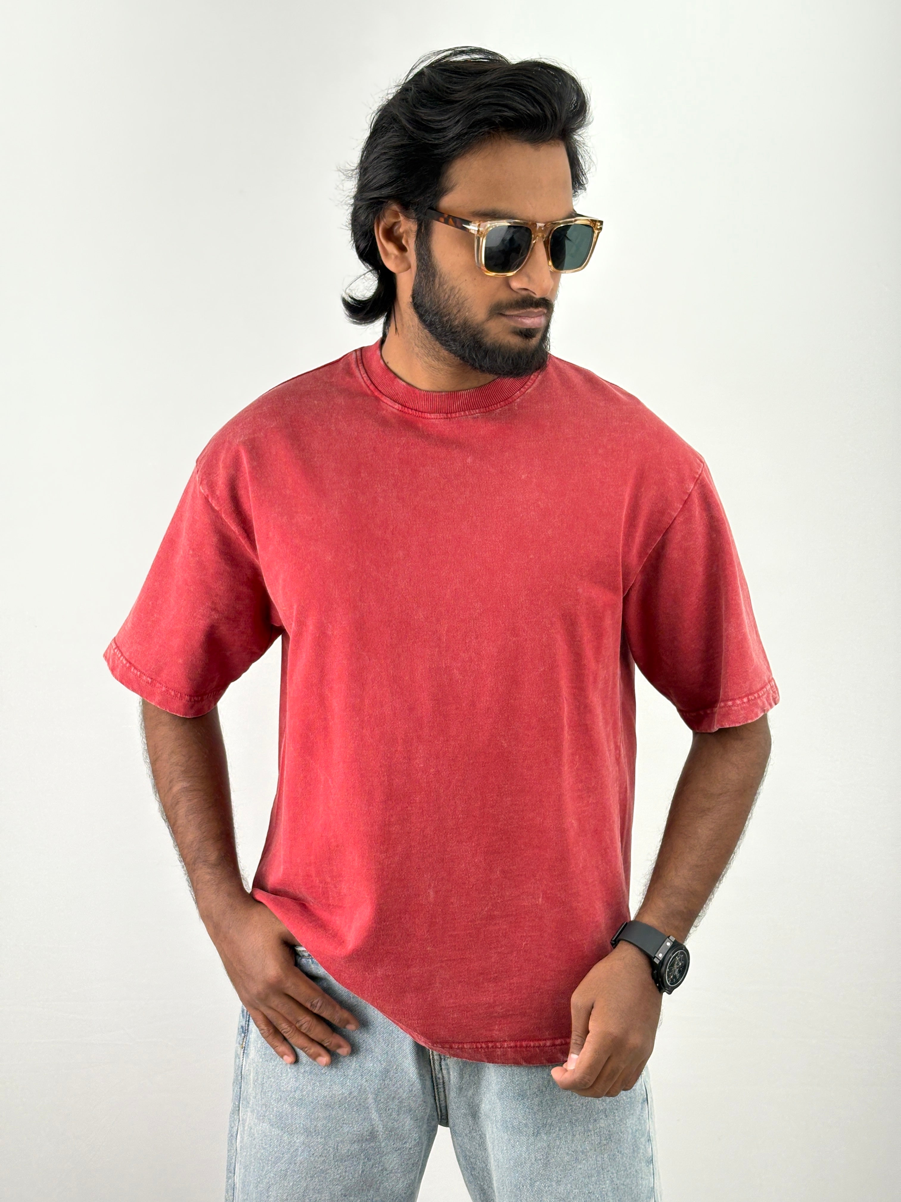 Red Acid Wash Oversized T-Shirts