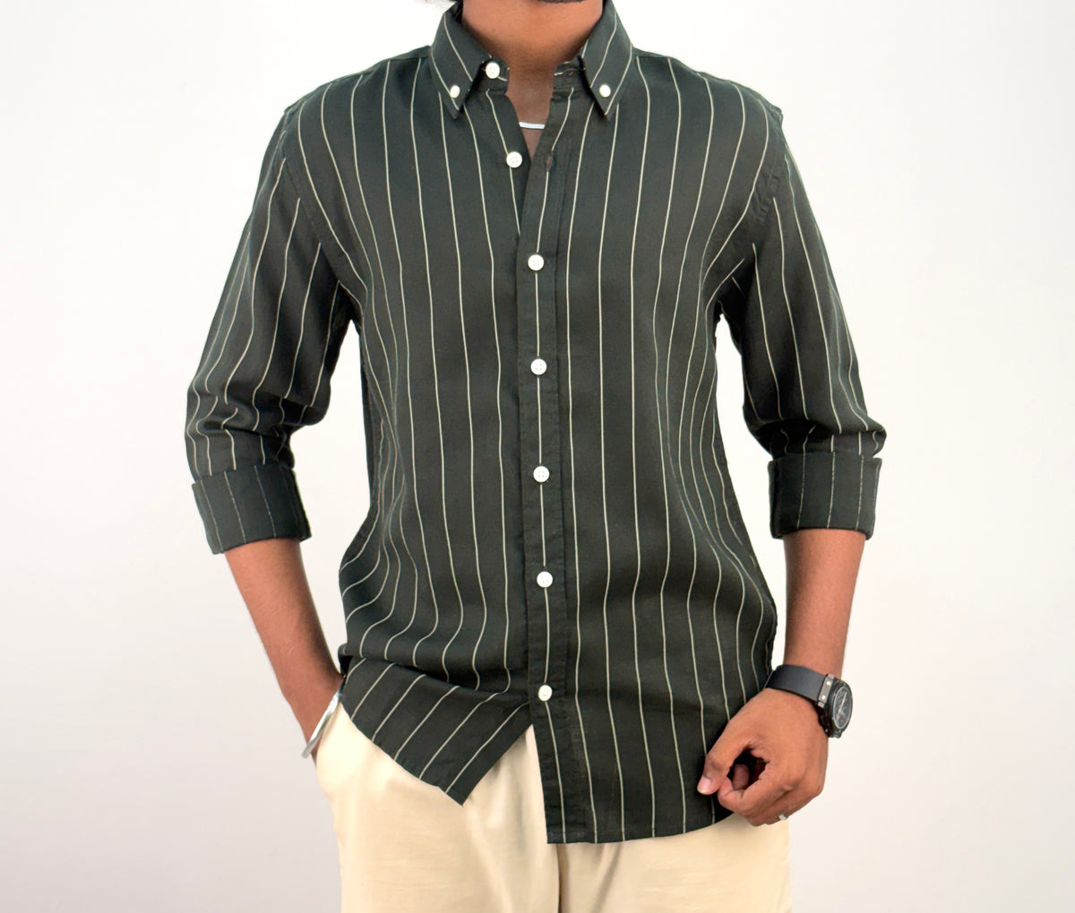 Dark Green Linen Stripe Shirt