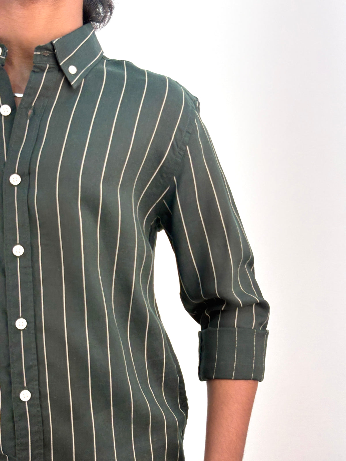 Dark Green Linen Stripe Shirt