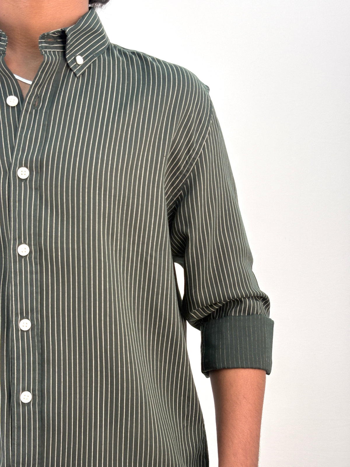 Dark Green Linen Stripe Shirt