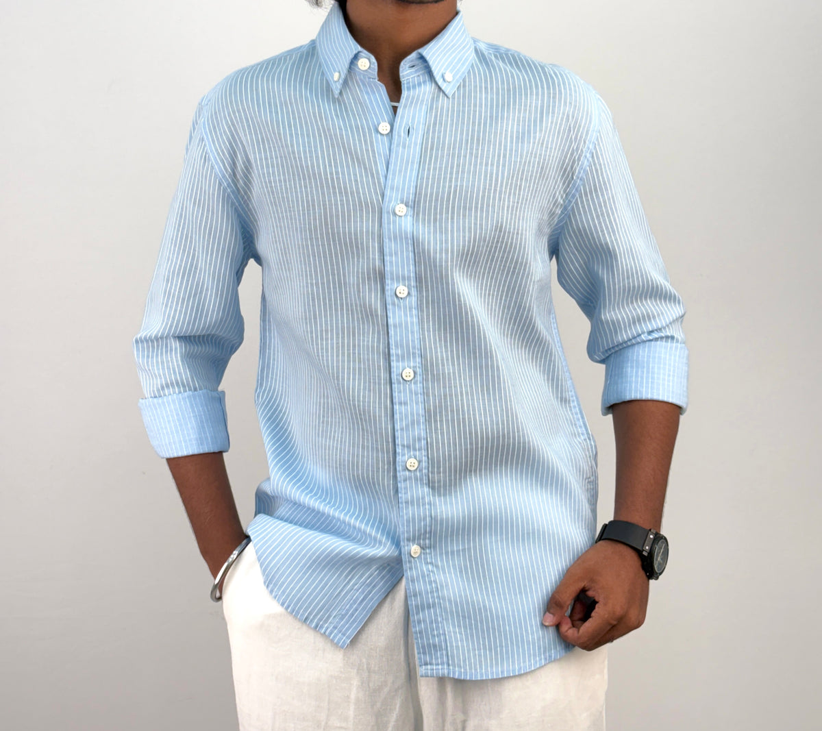 Ice Blue Linen Stripe Shirt