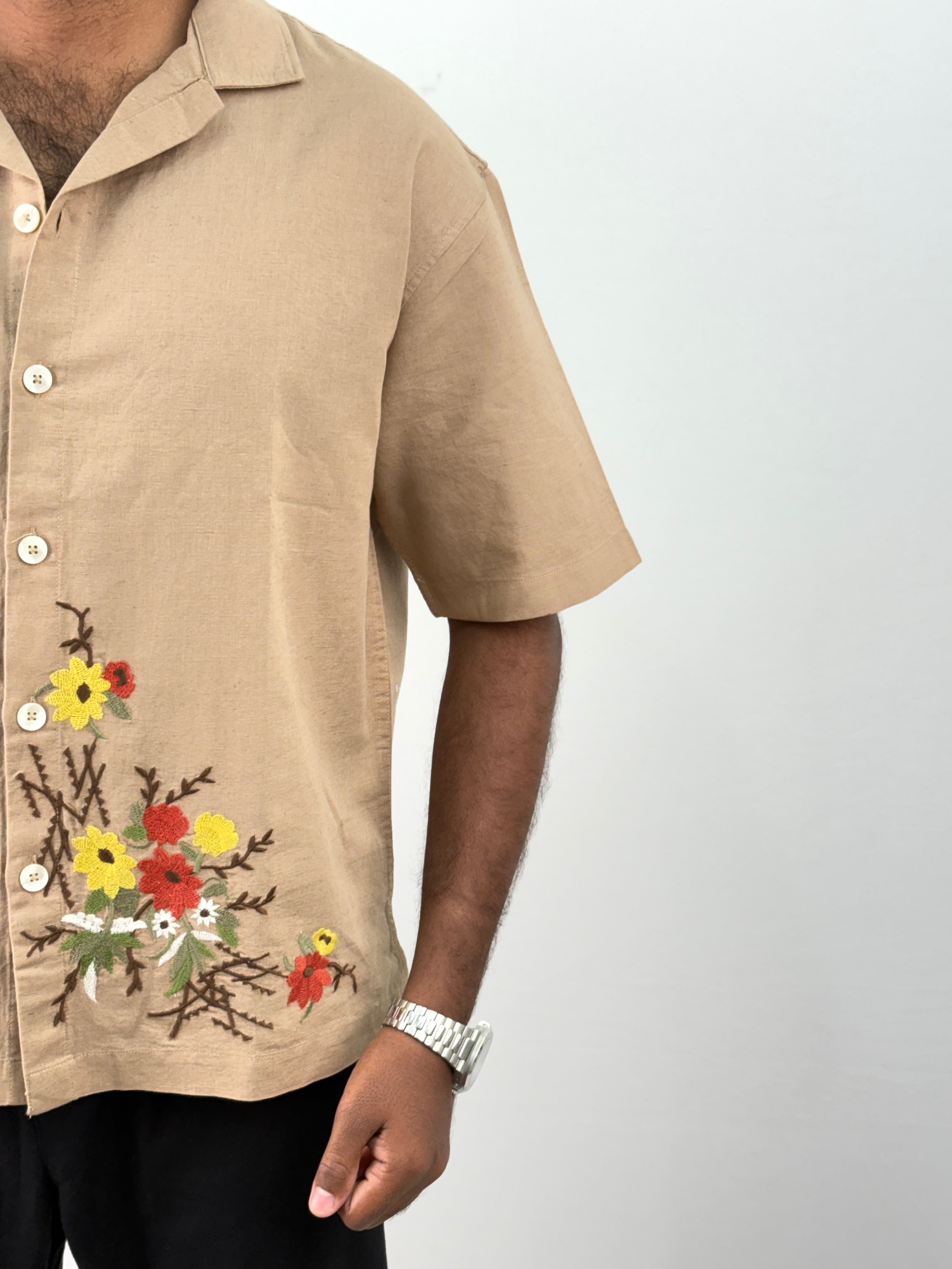 Beige Half Sleeve Embroidery Shirt