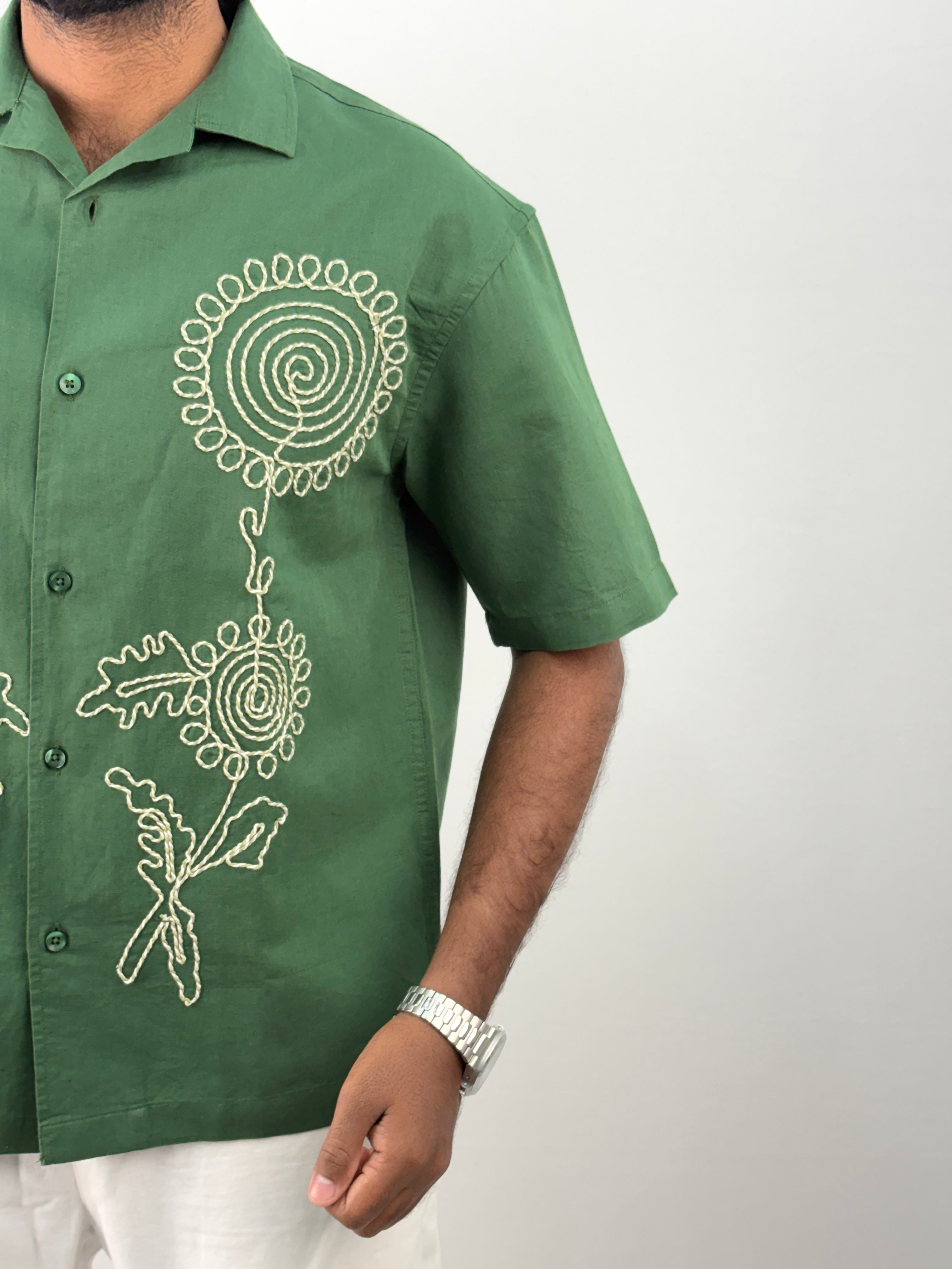 Green Half Sleeve Embroidery Shirt