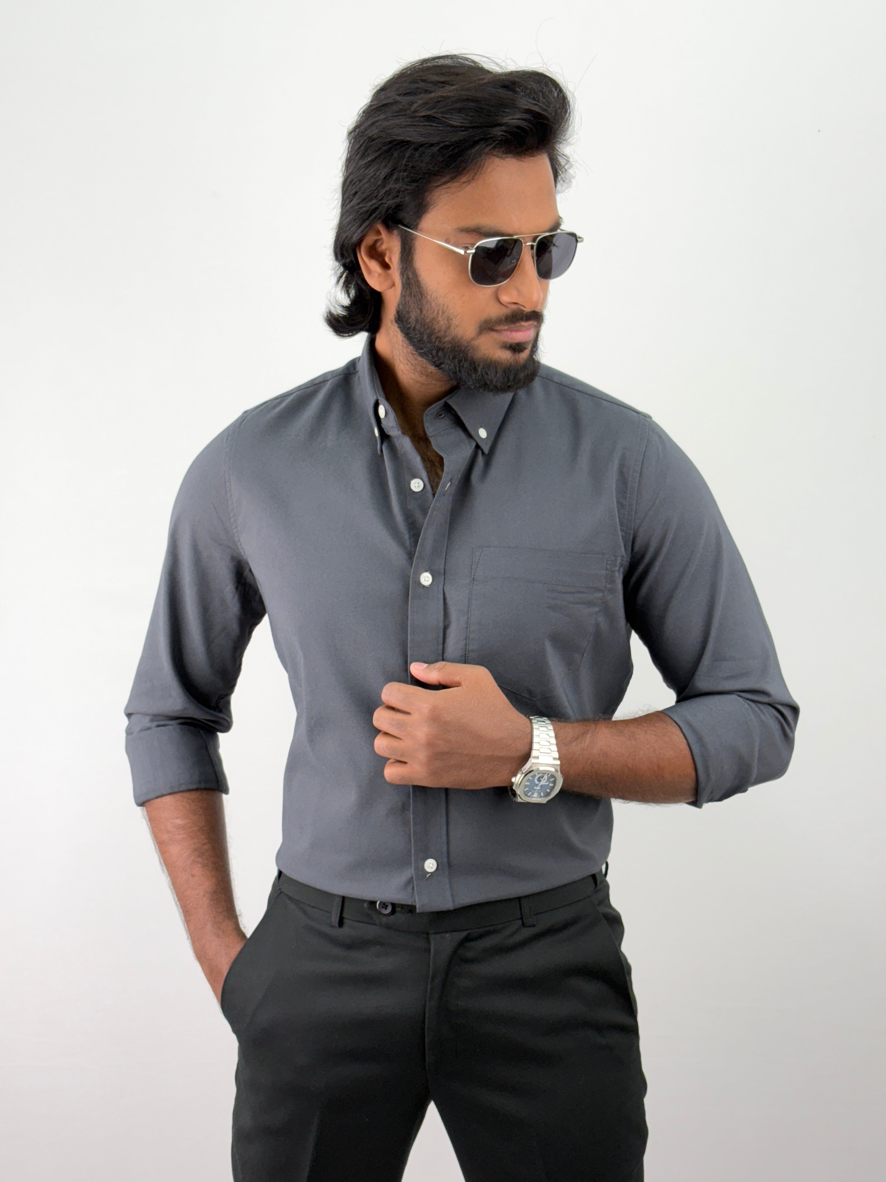 Dark Grey Plain Oxford Shirt
