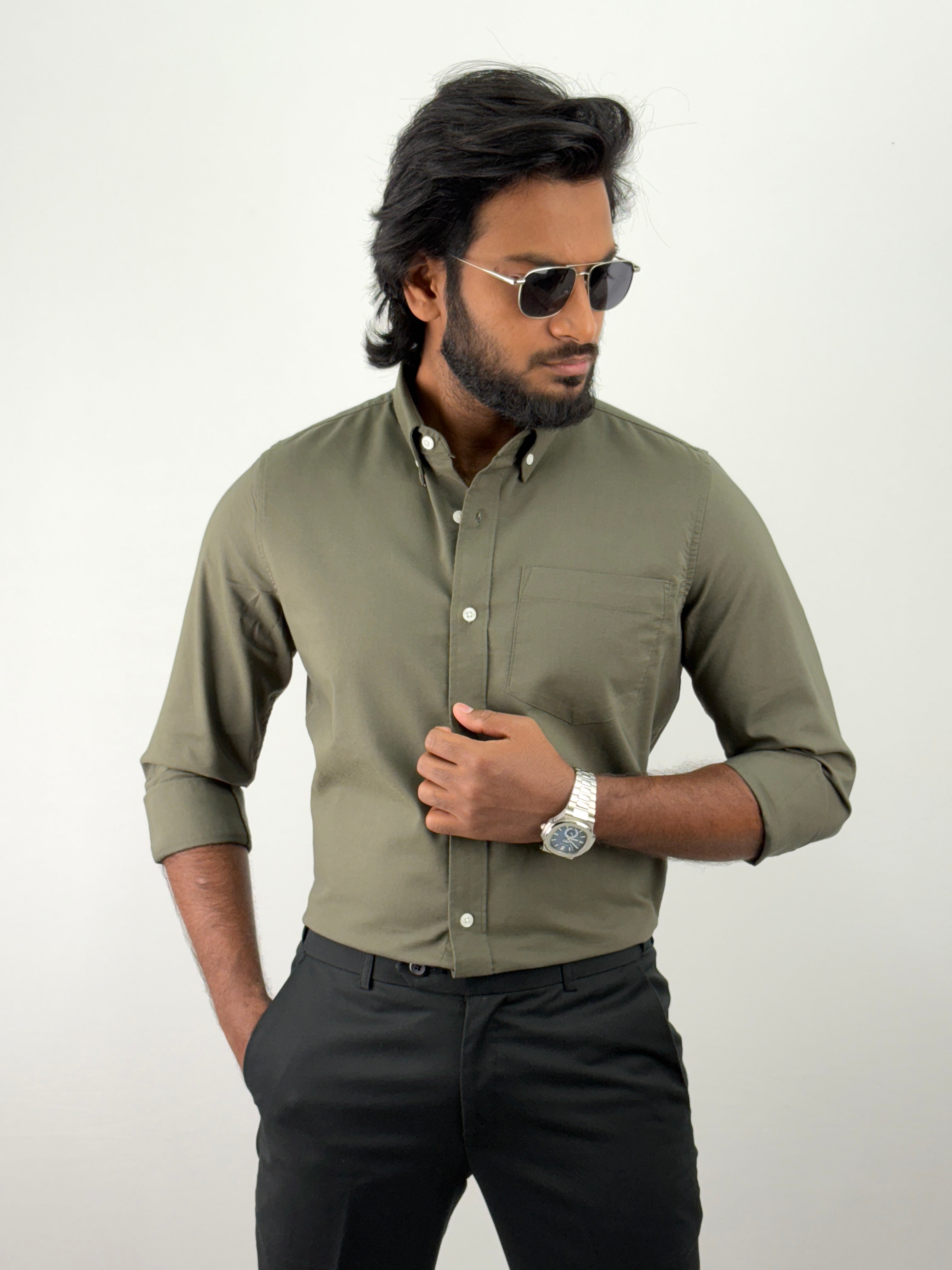 Olive Green Plain Oxford Shirt