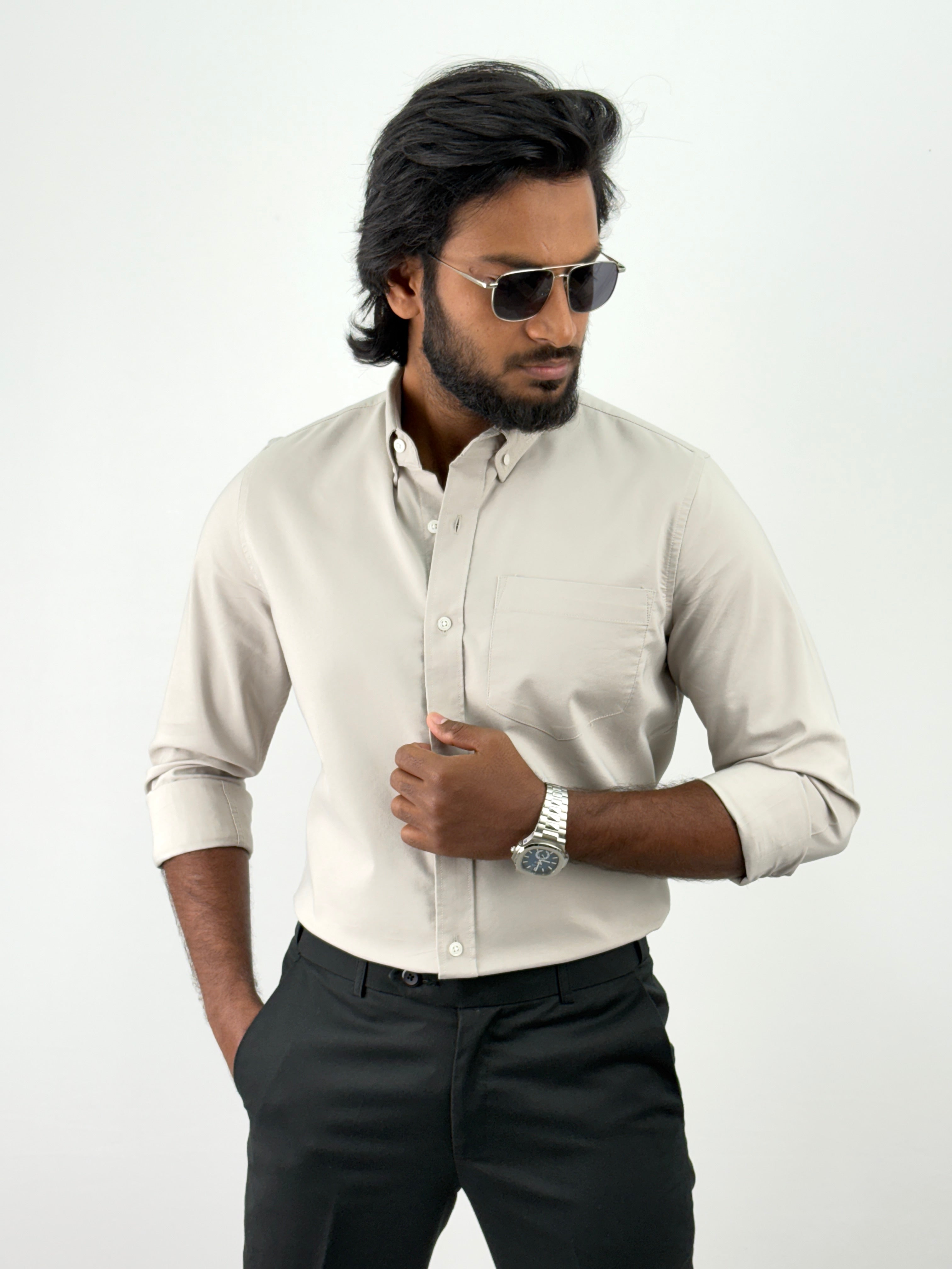 Beige Plain Oxford Shirt