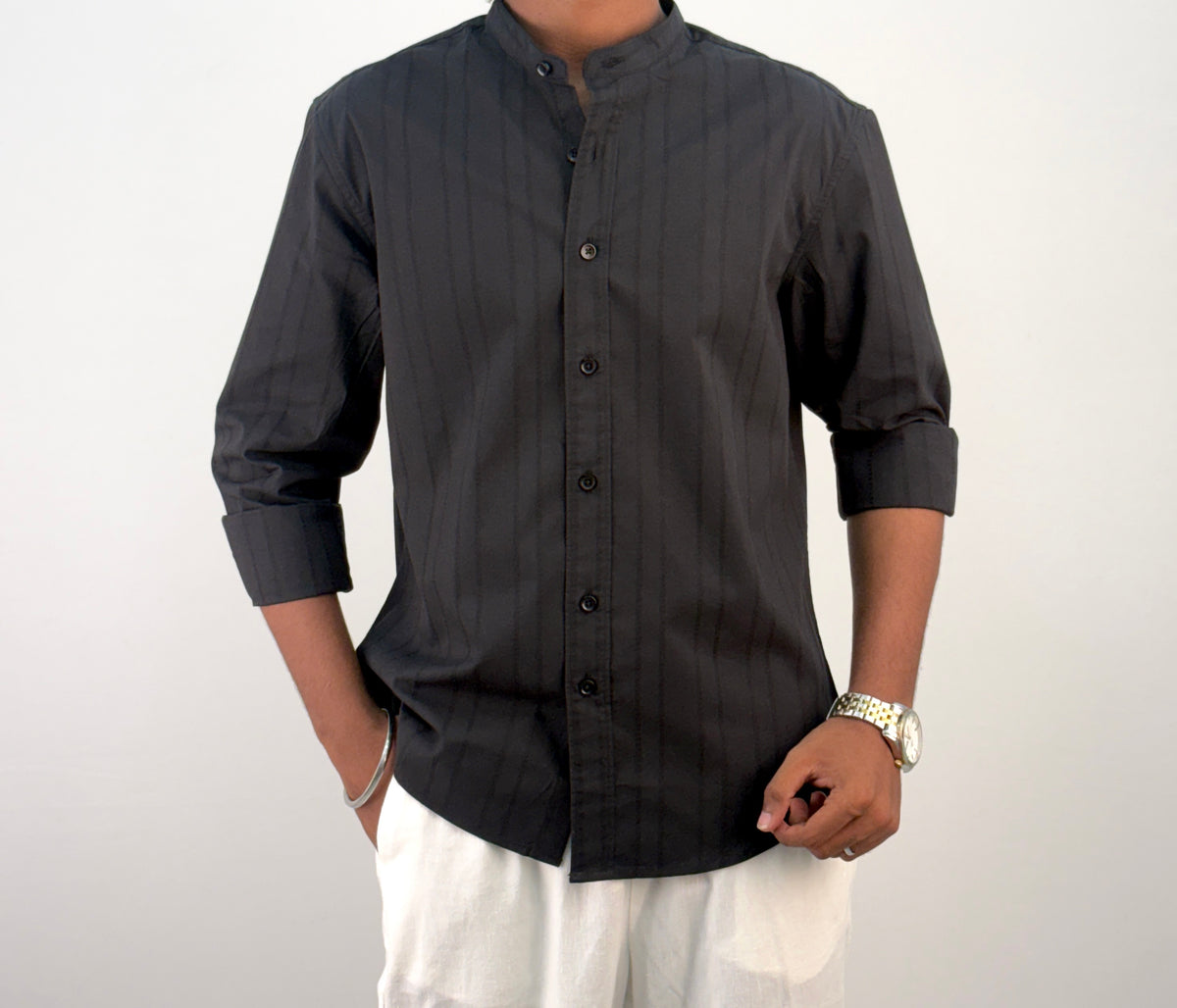 Black Textured Mandarin Collar Shirt