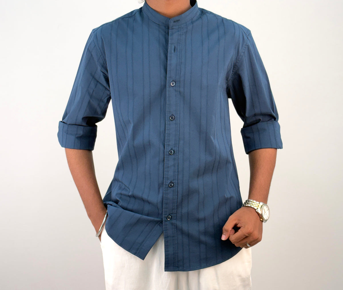 Blue Textured Mandarin Collar Shirt