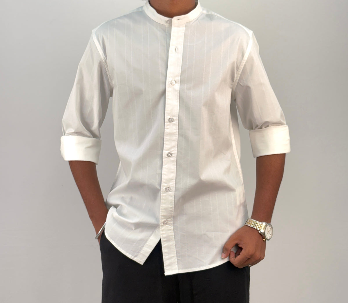 White Textured Mandarin Collar Shirt