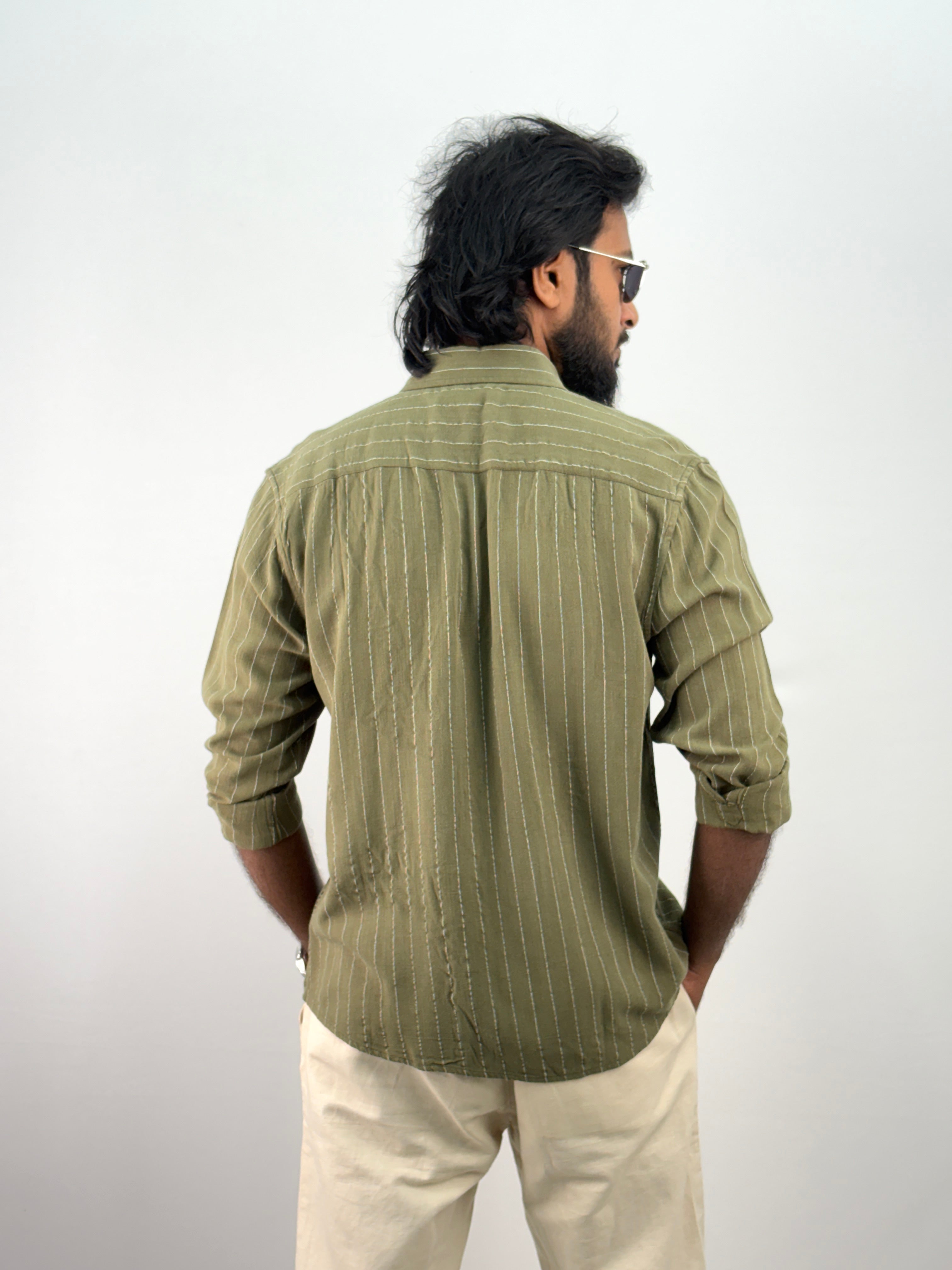 Green Linen Stripe Shirt