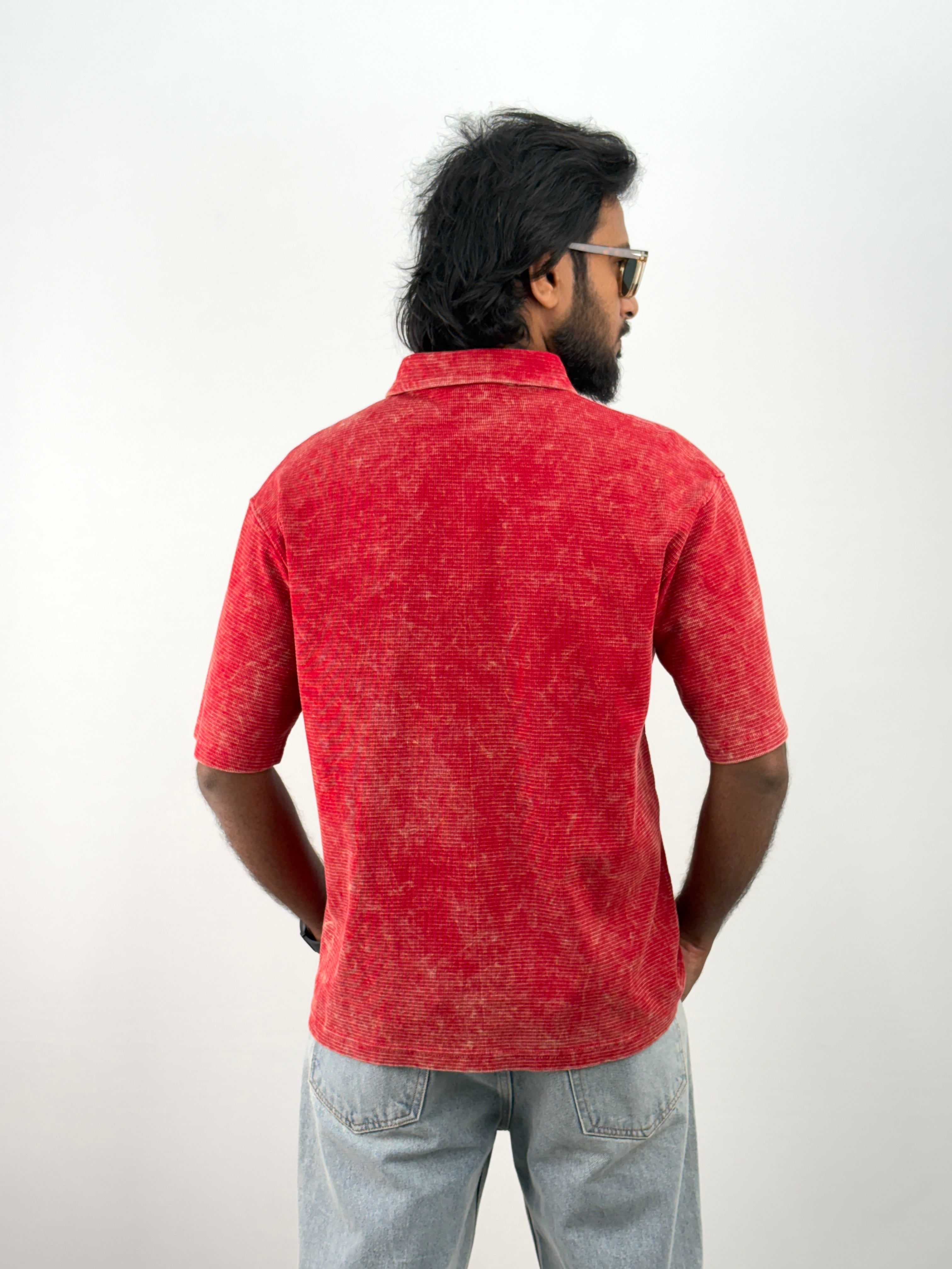 Red Acid Wash Polo T-Shirt