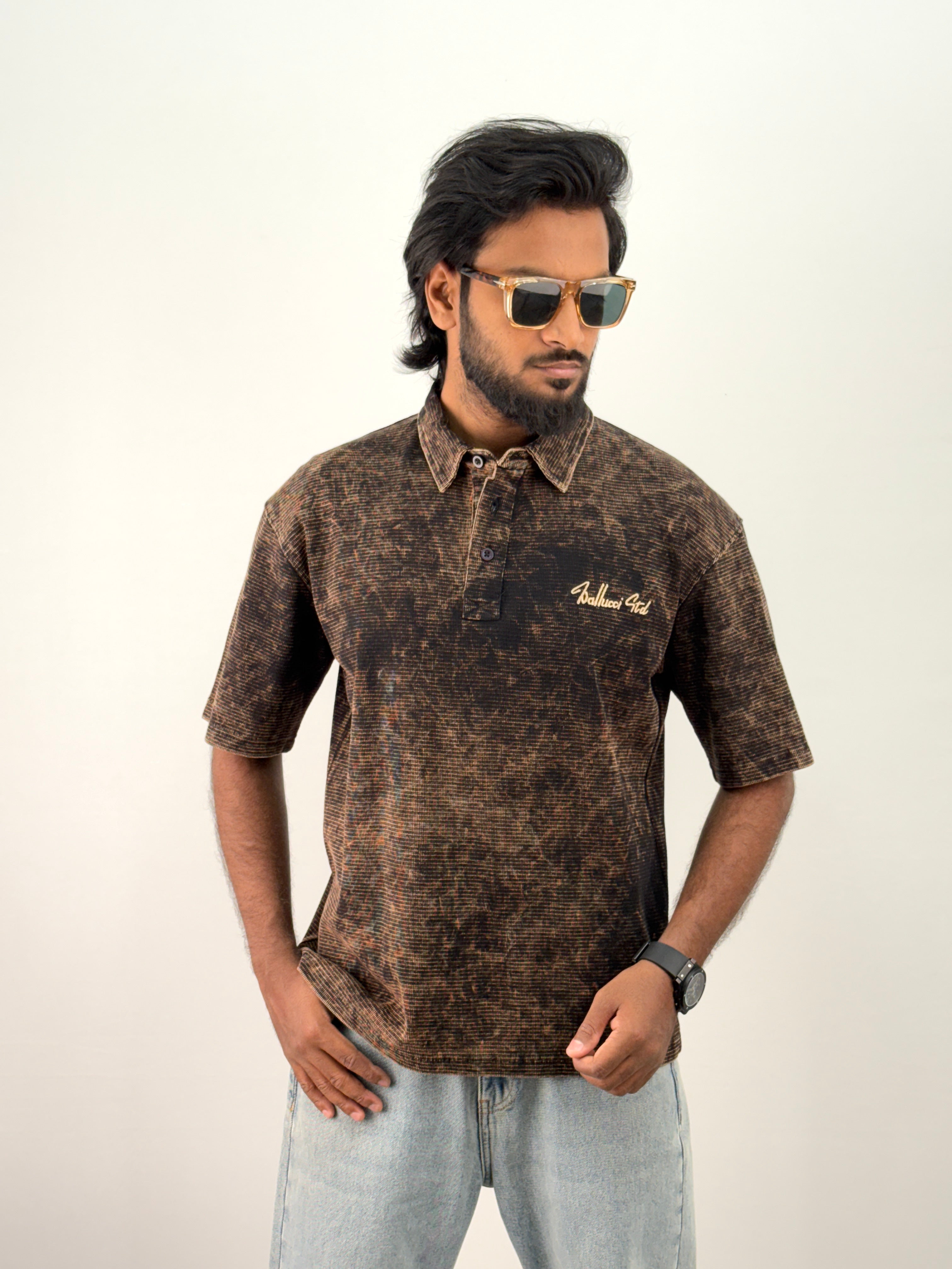 Dark Brown Acid Wash Polo T-Shirt