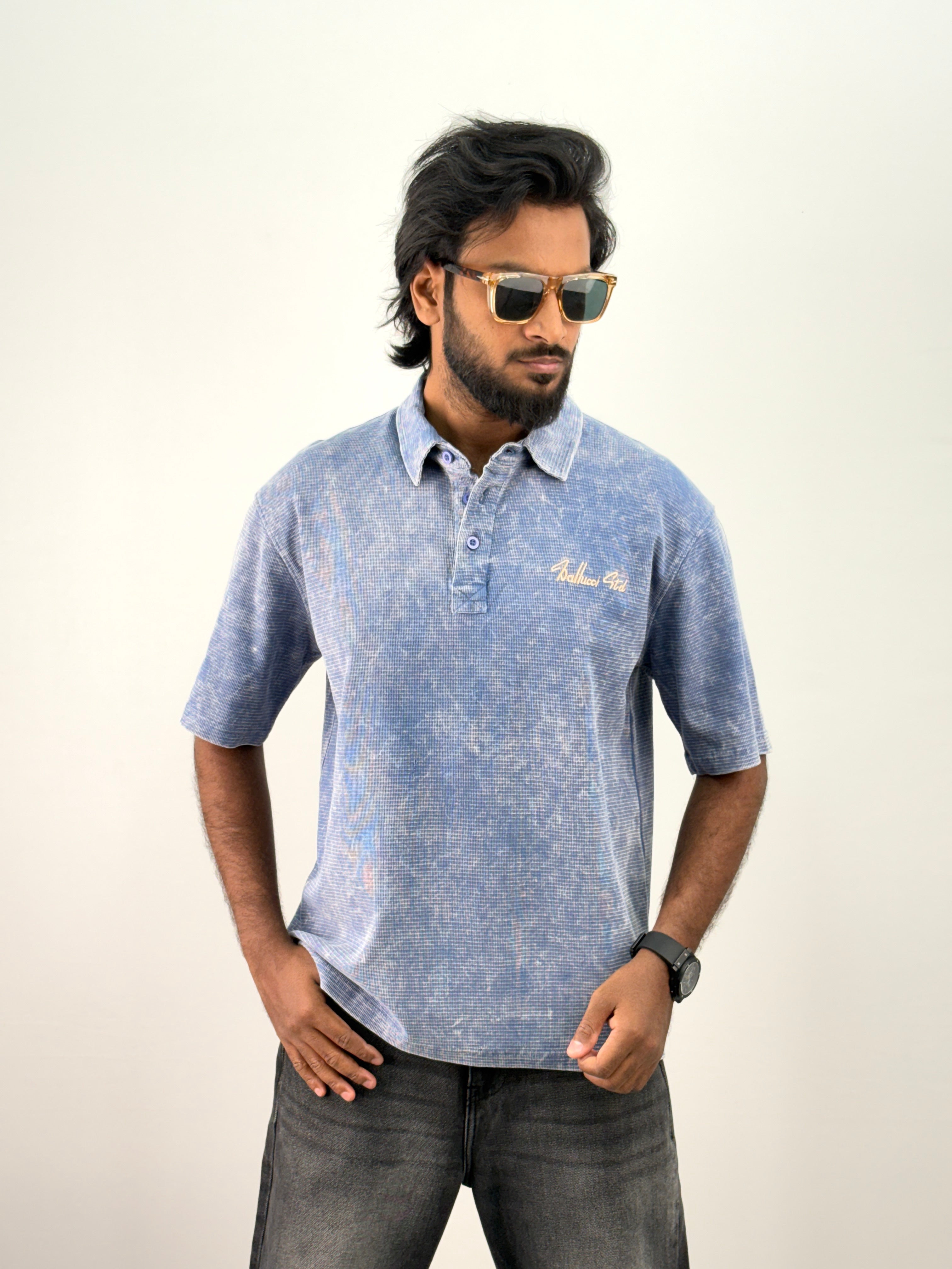 Blue Acid Wash Polo T-Shirt