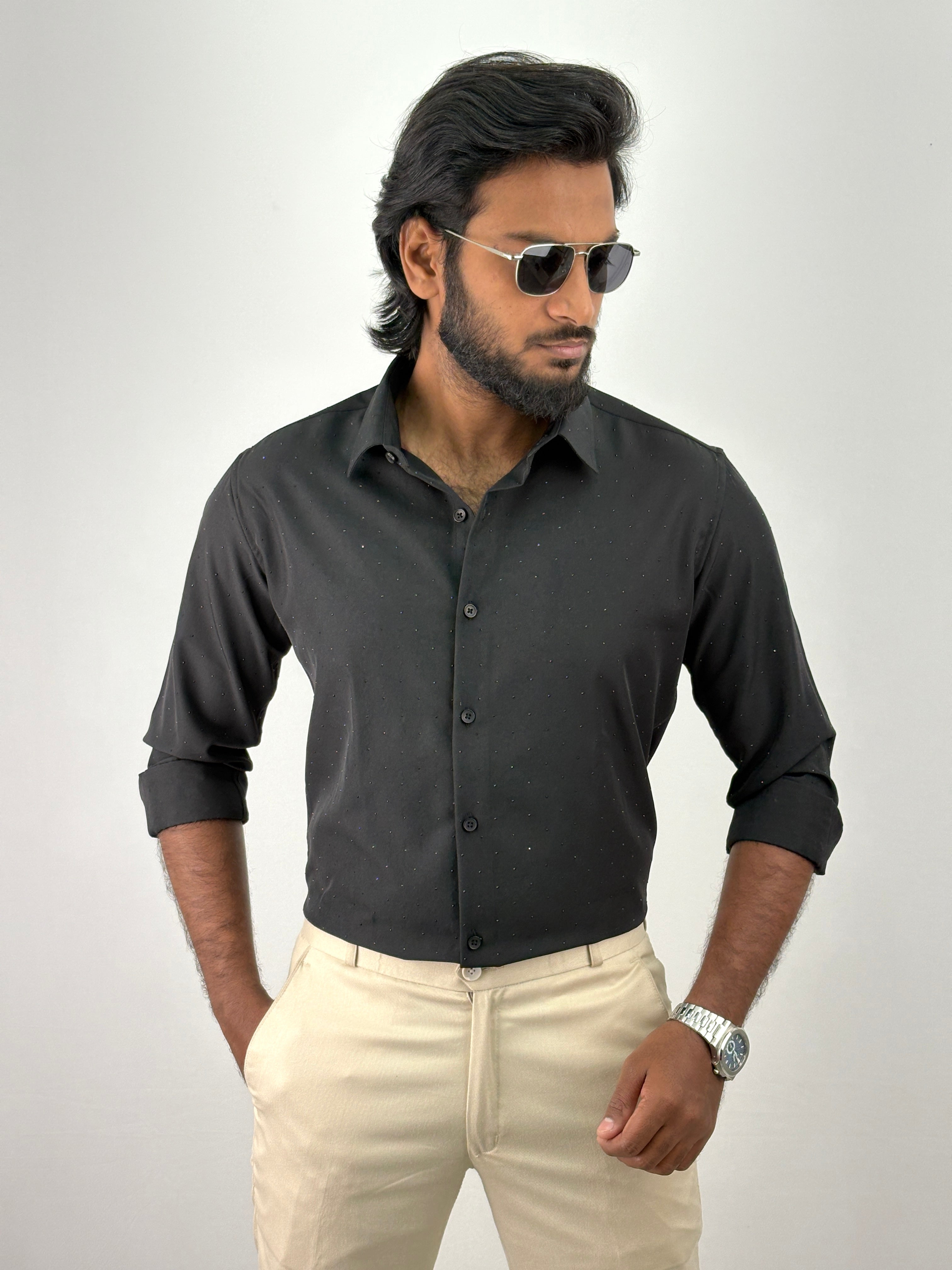 Black Designer Stone Work Shirt