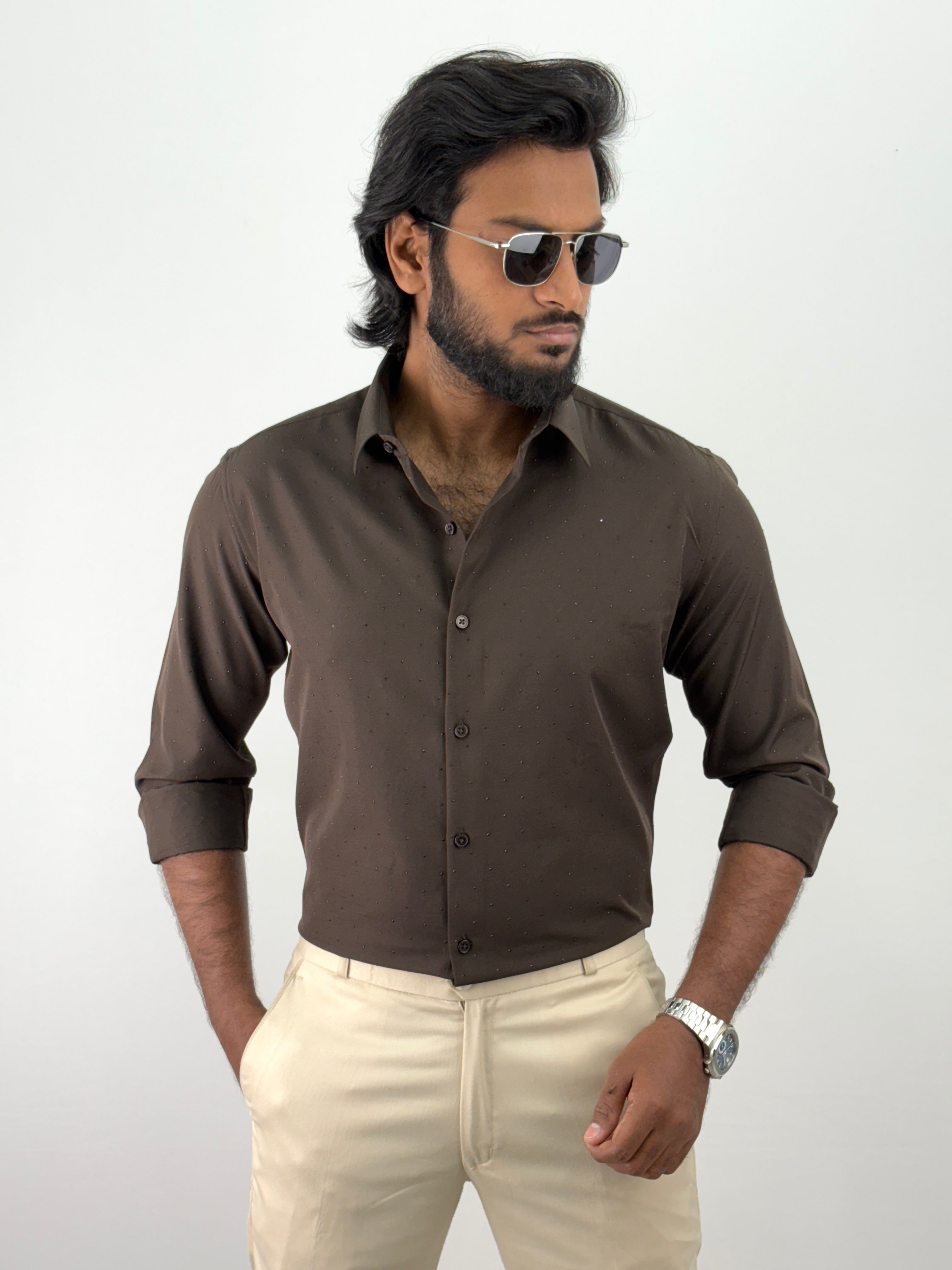 Brown Designer Stone Work Shirt