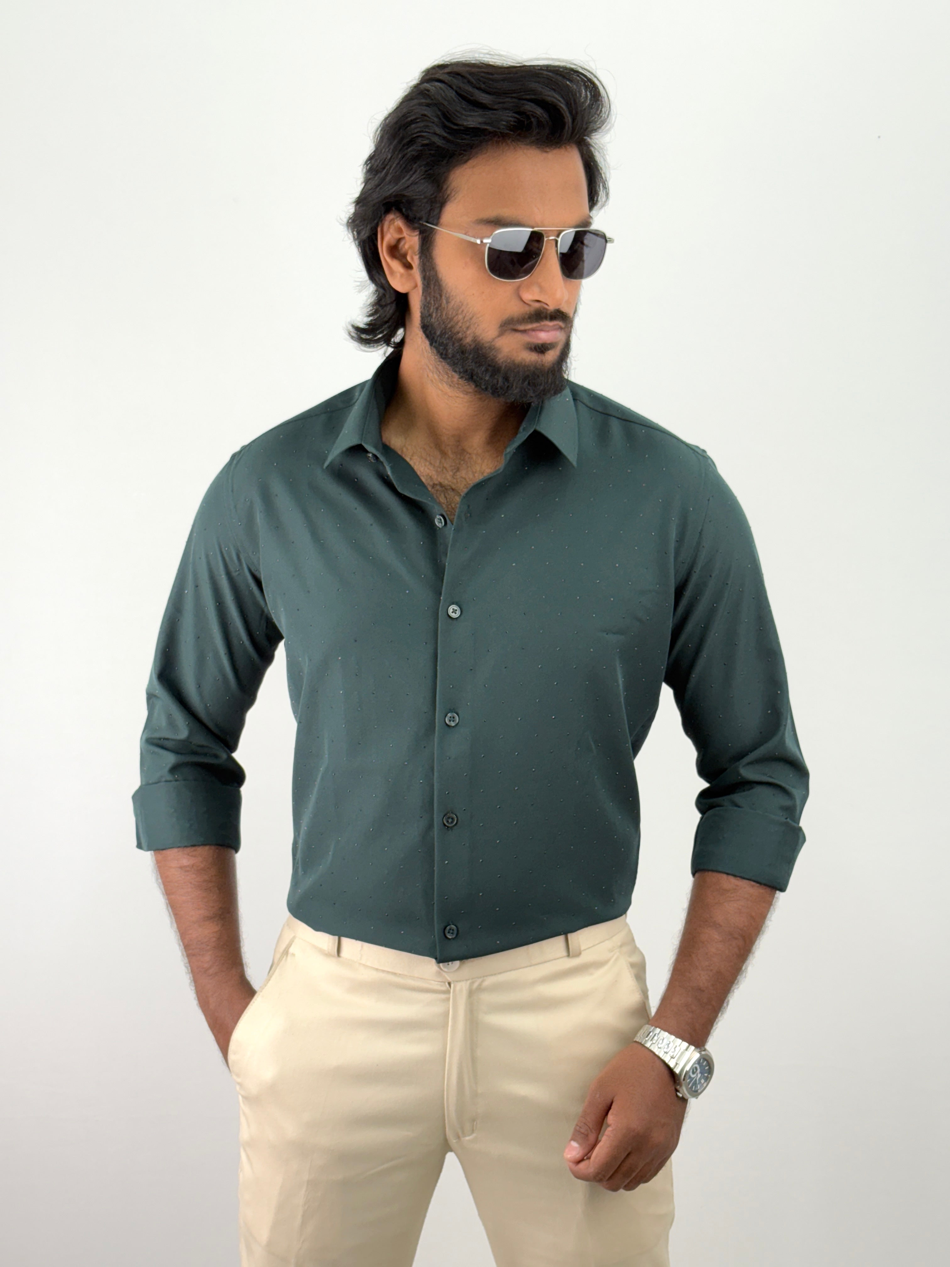 Green Designer Stone Work Shirt