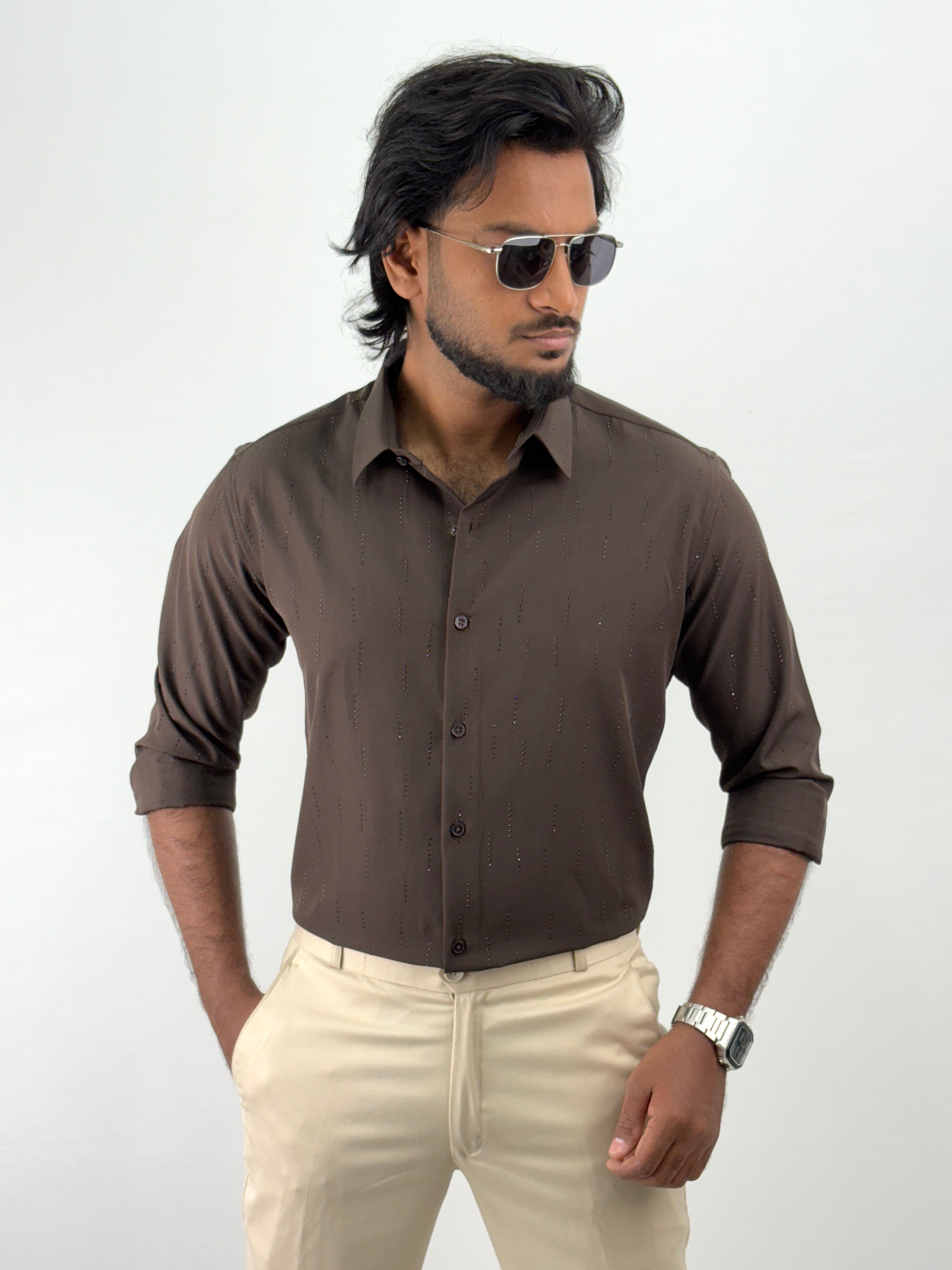 Brown Designer Stone Work Shirt