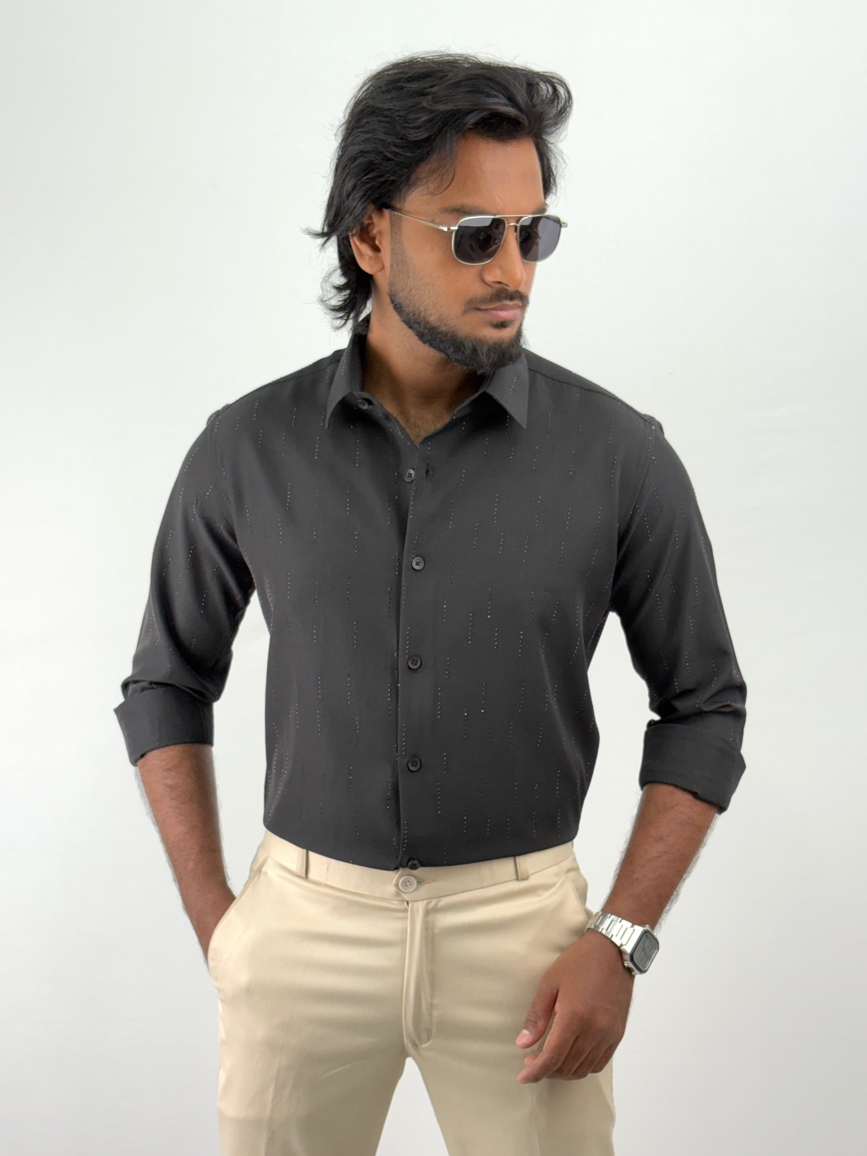 Black Designer Stone Work Shirt