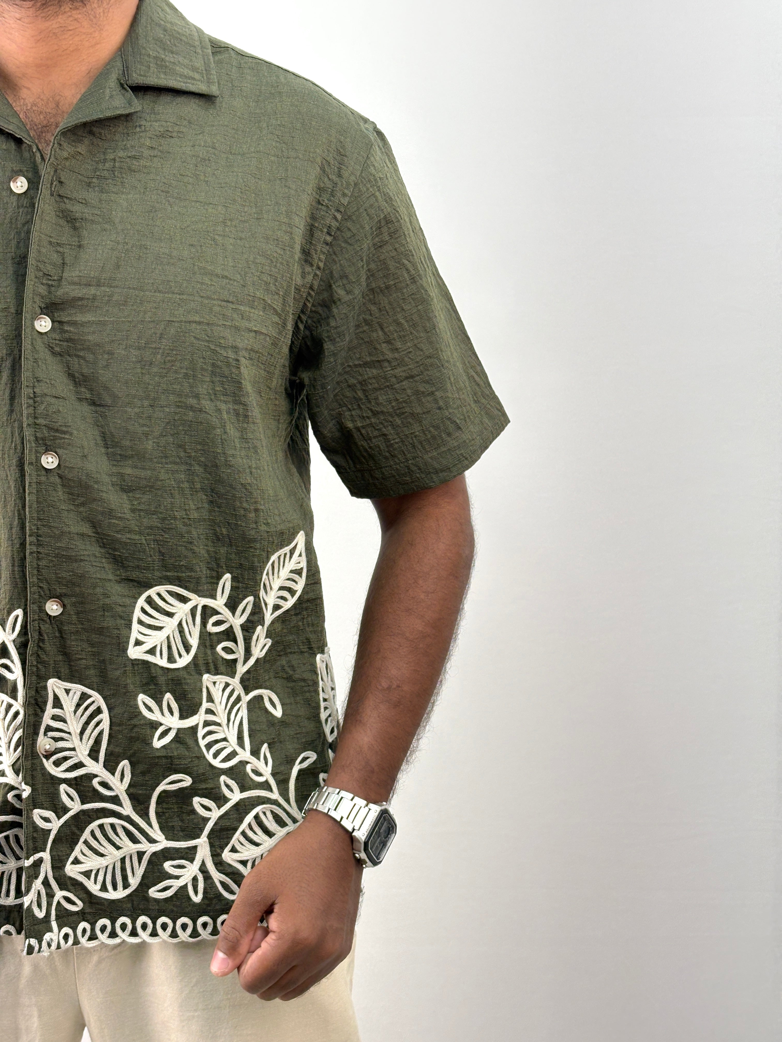Green Half Sleeve Embroidery Shirt