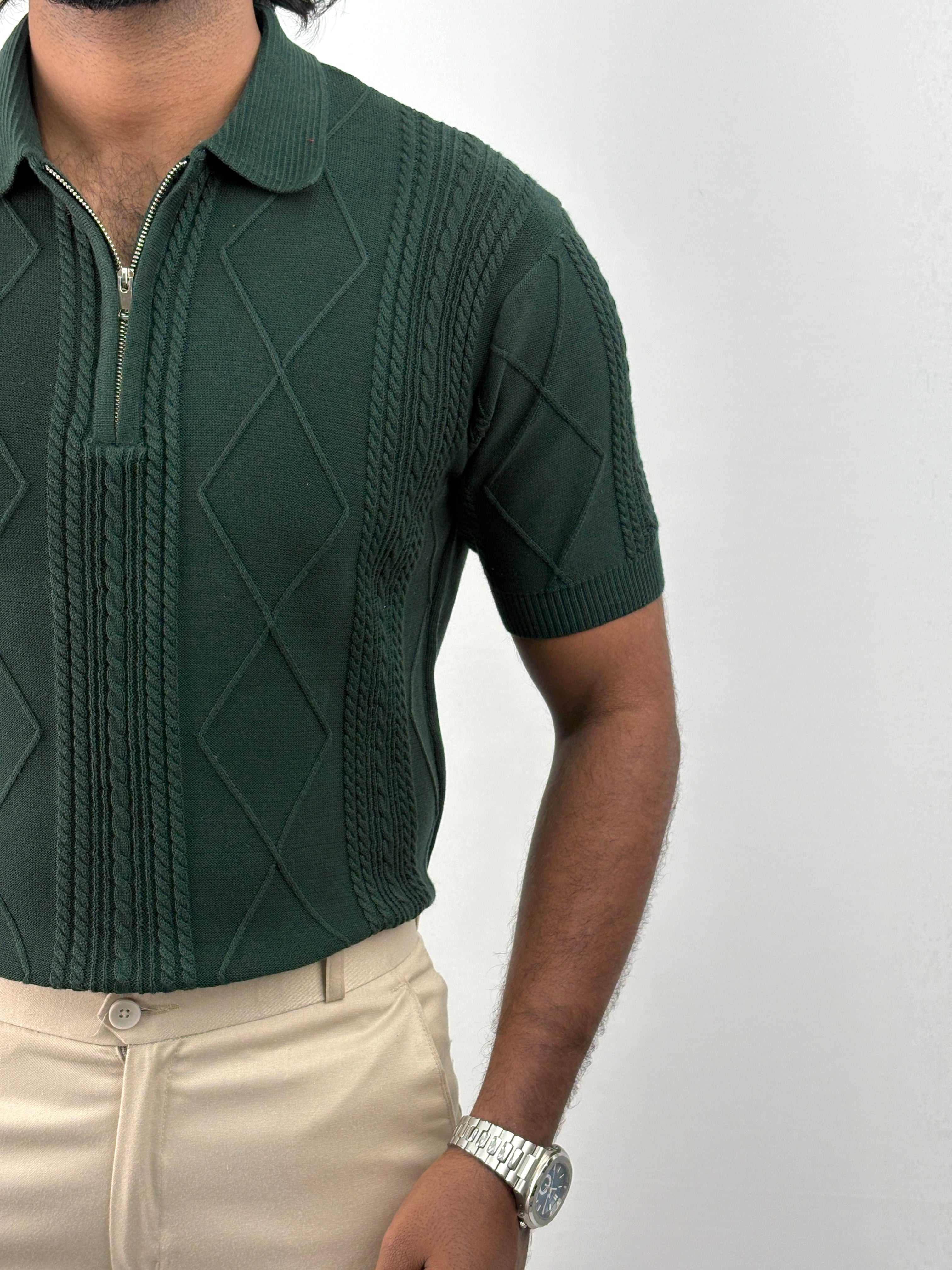 Dark Green Textured Polo T-Shirt