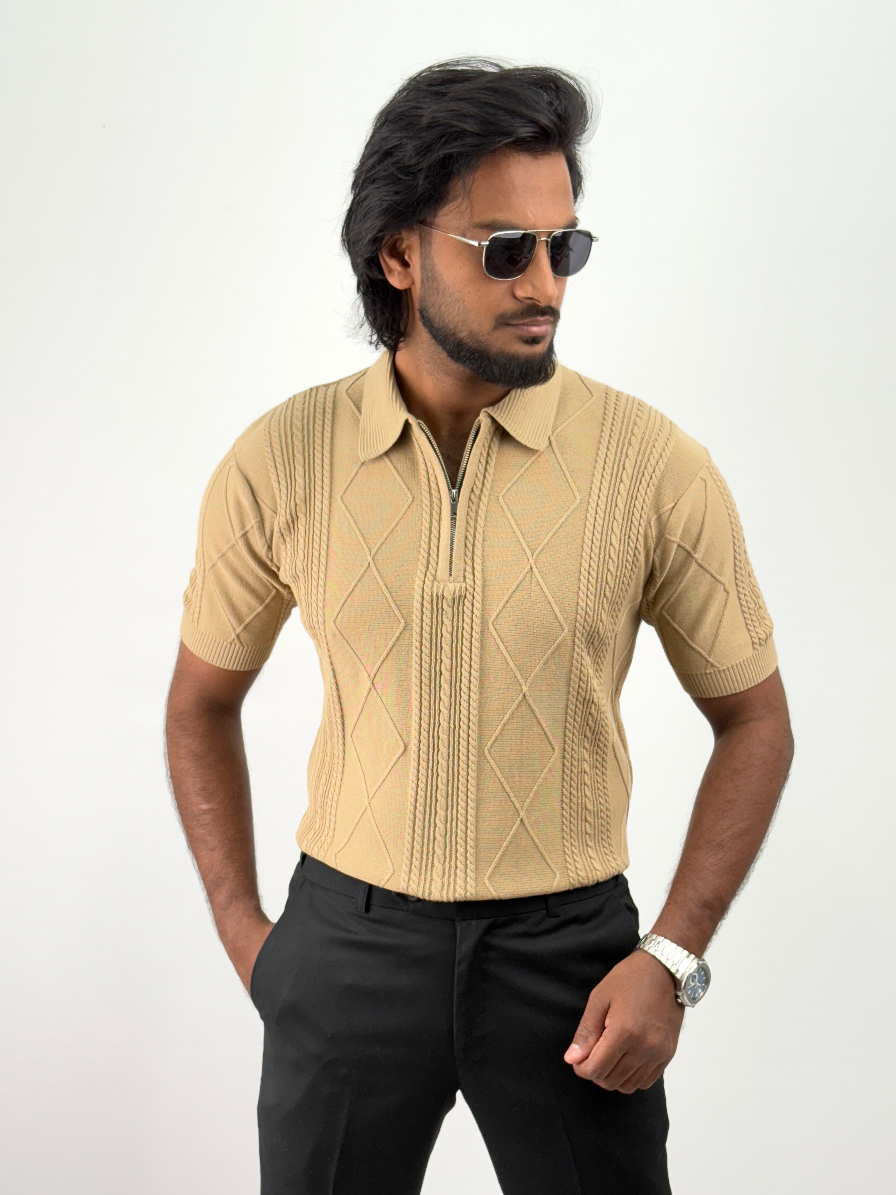 Beige Textured Polo T-Shirt