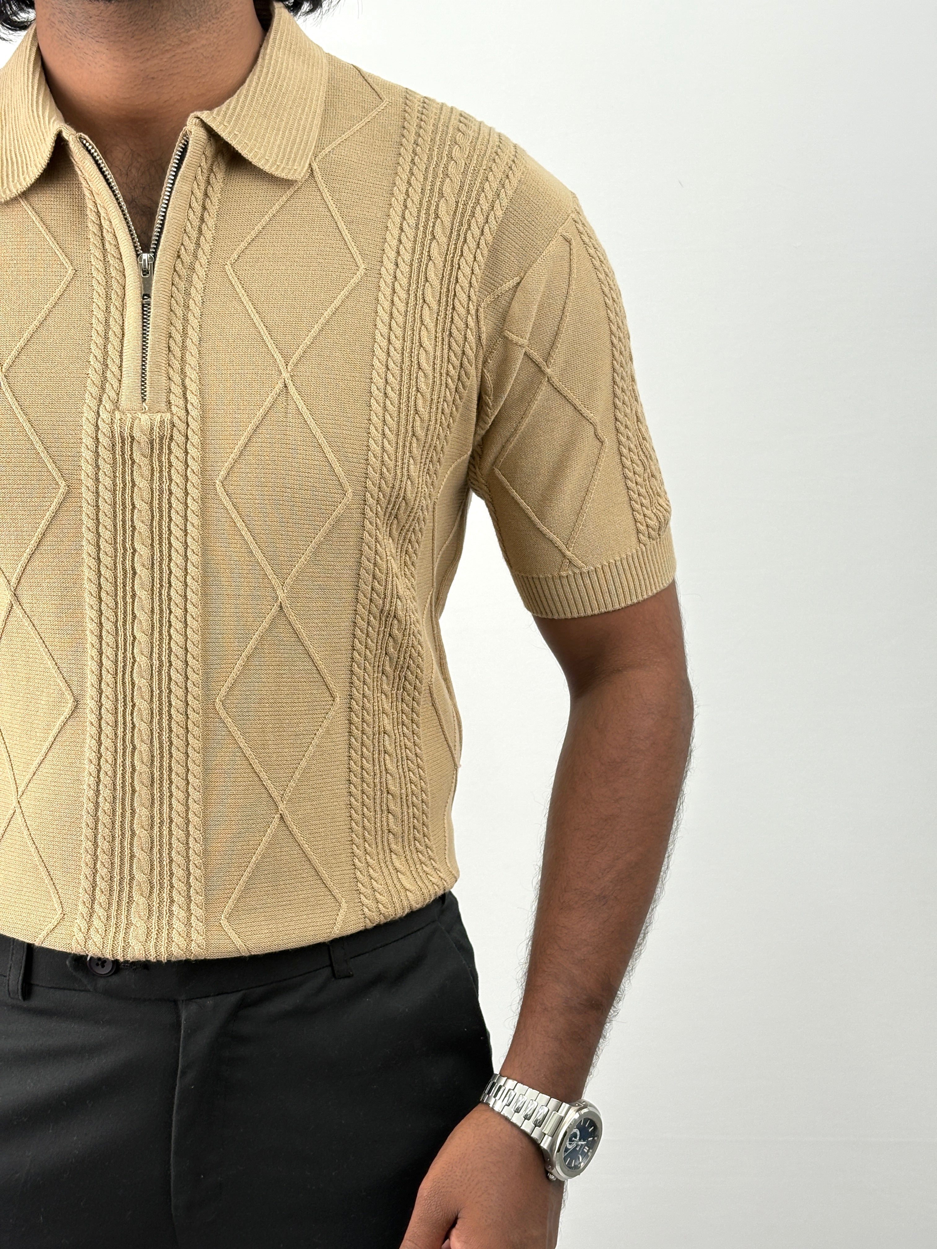 Beige Textured Polo T-Shirt