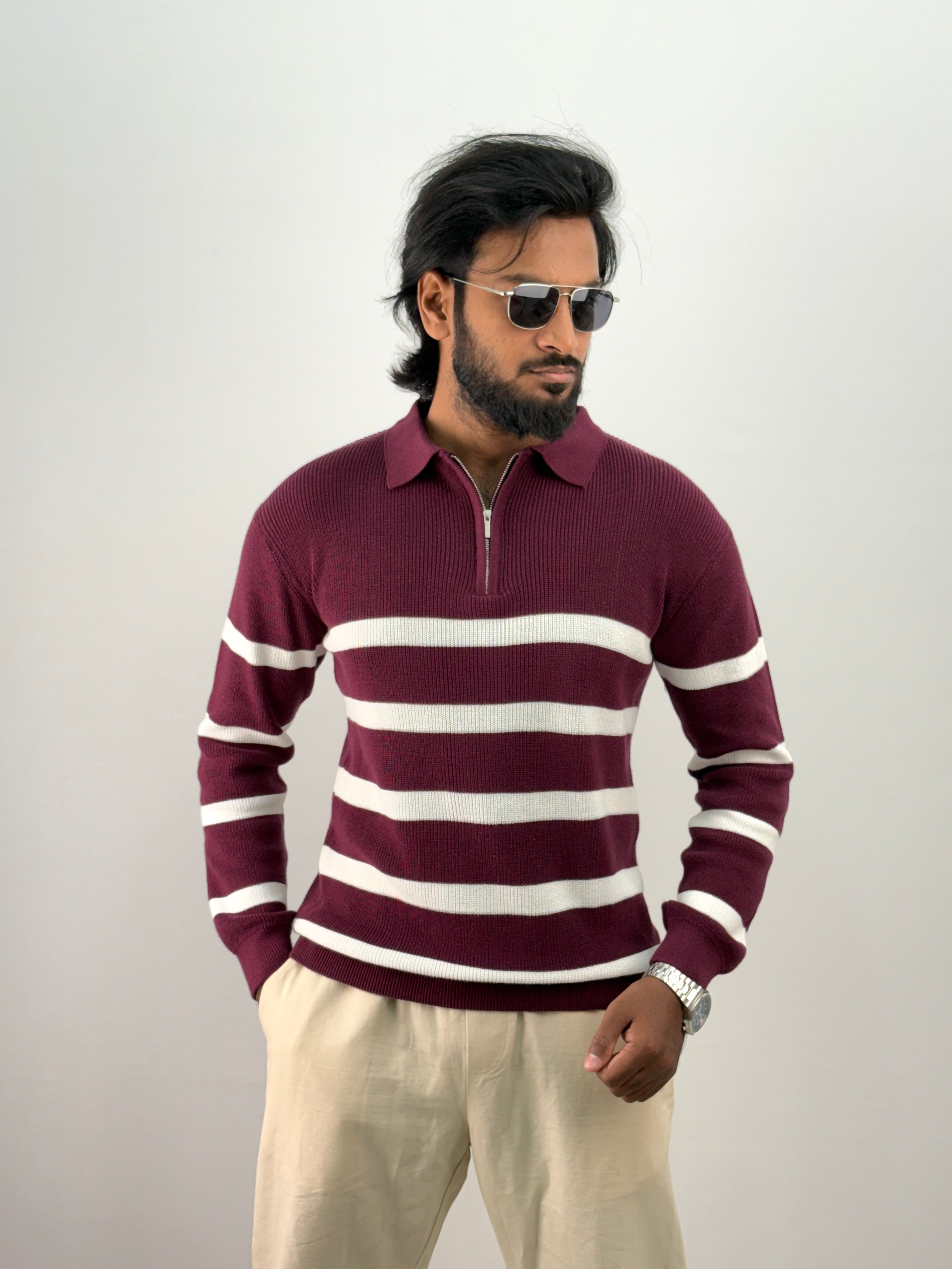 Maroon Full Sleeve Zipper T-Shirt