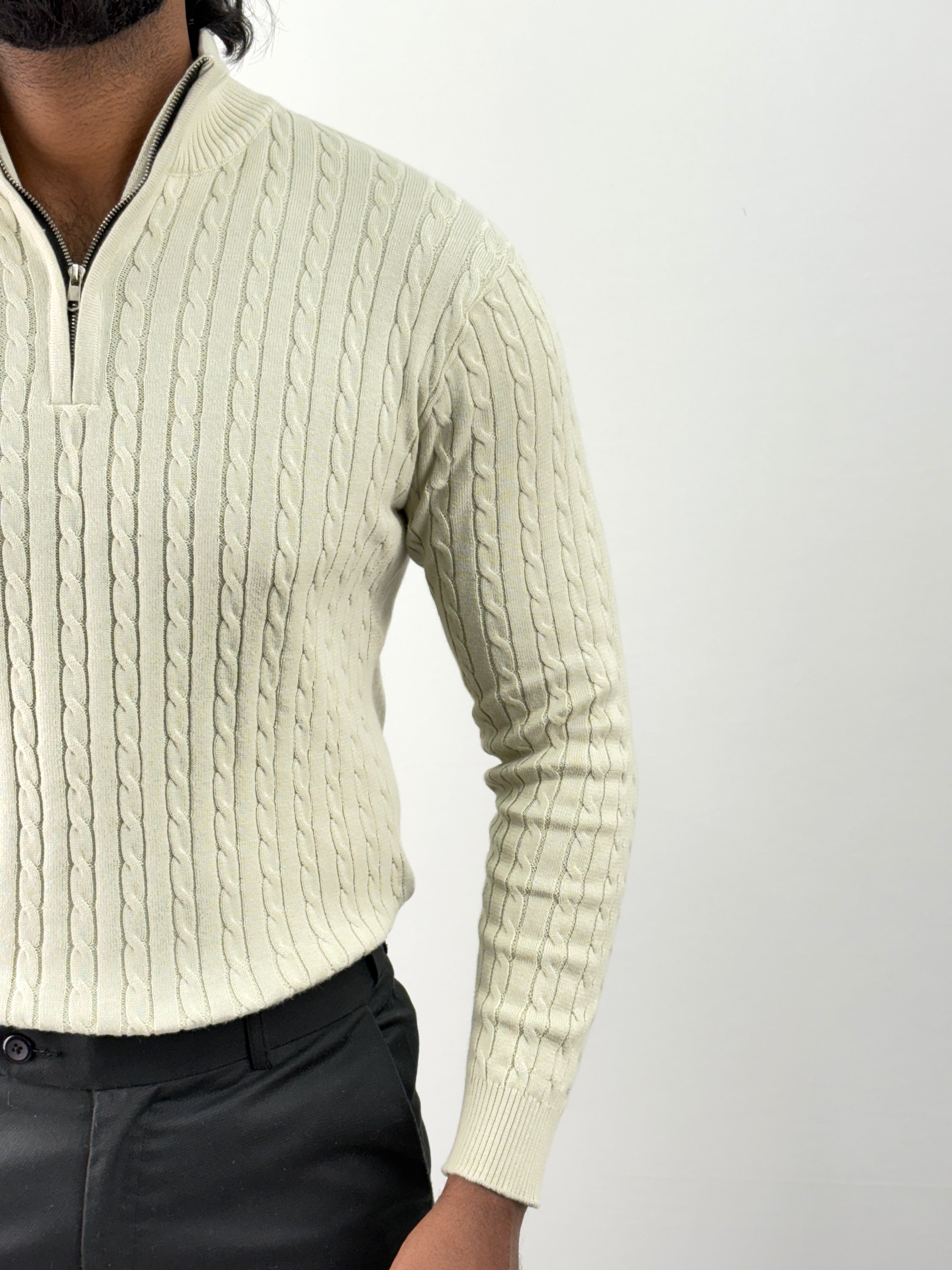 Beige Full Sleeve Zipper T-Shirt