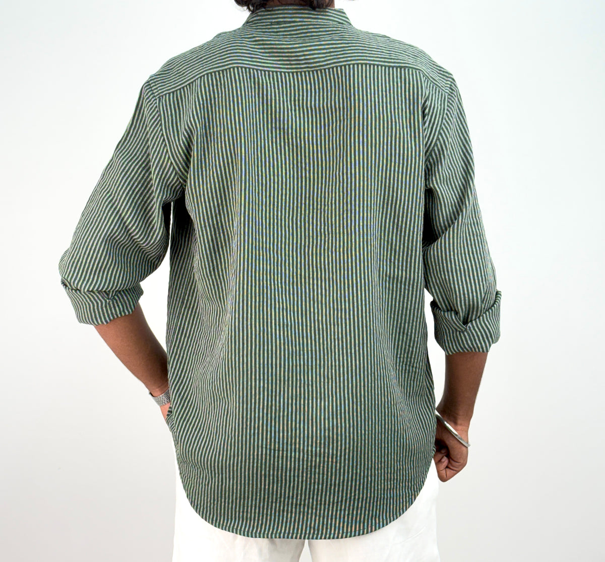 Green Mandarin Collar Stripe Shirt