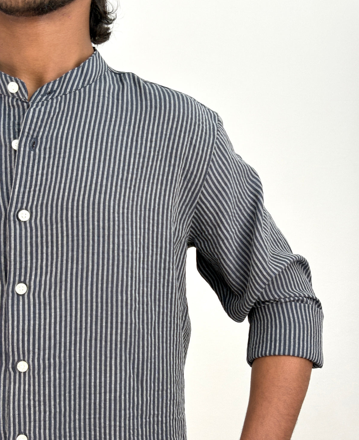 Navy Mandarin Collar Stripe Shirt