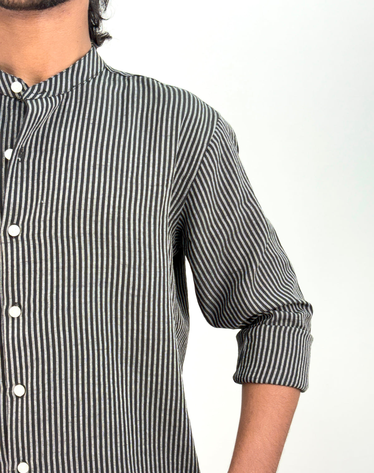 Black Mandarin Collar Stripe Shirt