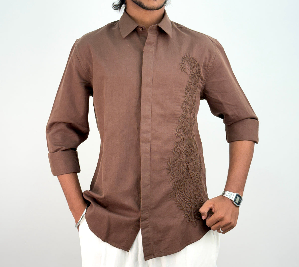 Dark Brown Embroidery Linen Shirt