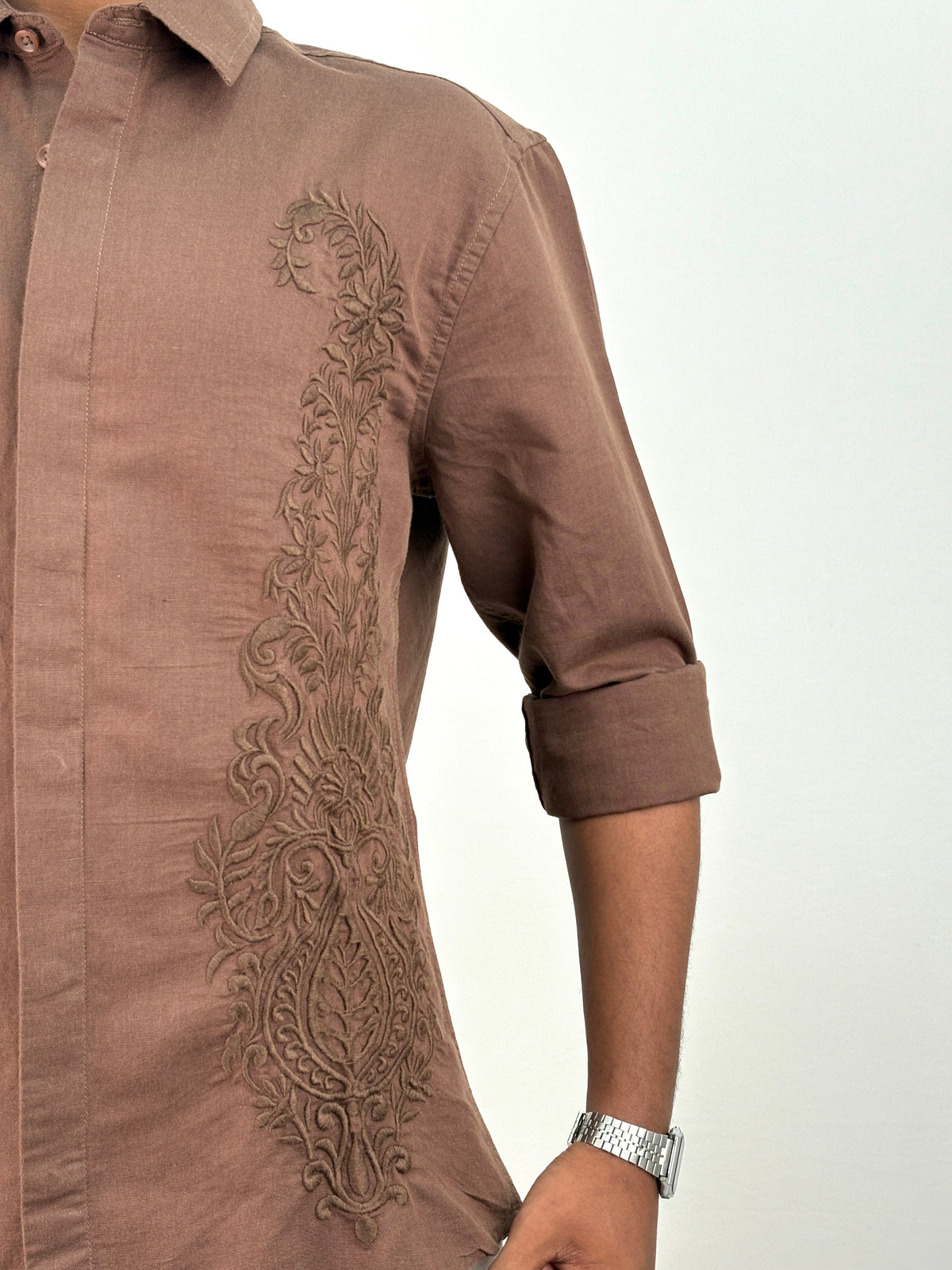 Dark Brown Embroidery Linen Shirt