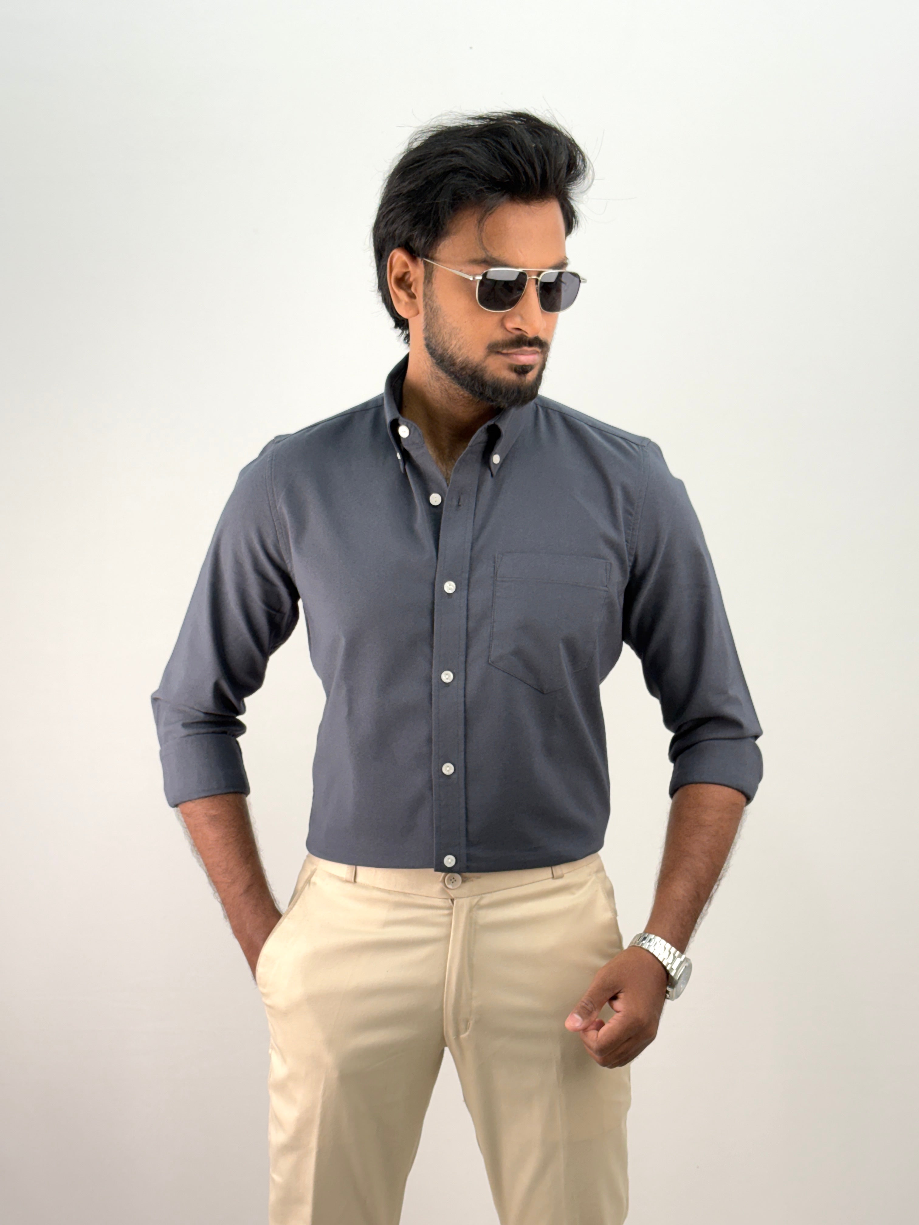 Dark Grey Plain Oxford Shirt 6