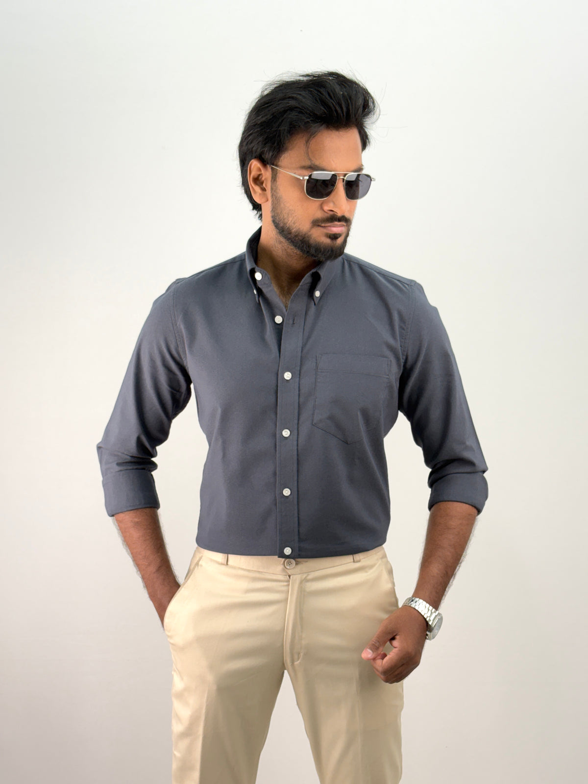 Dark Grey Plain Oxford Shirt