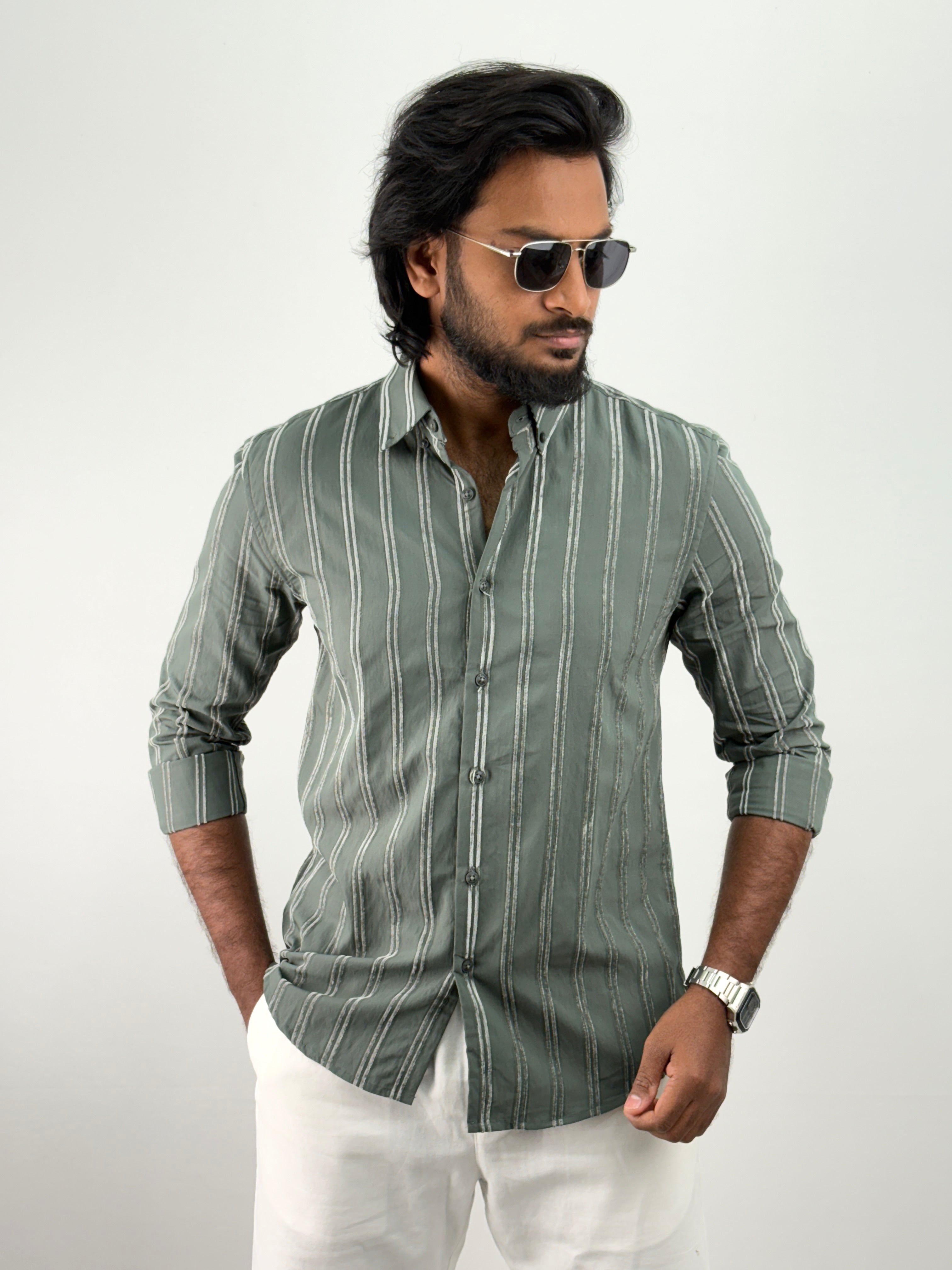 Green Self Stripe Shirt