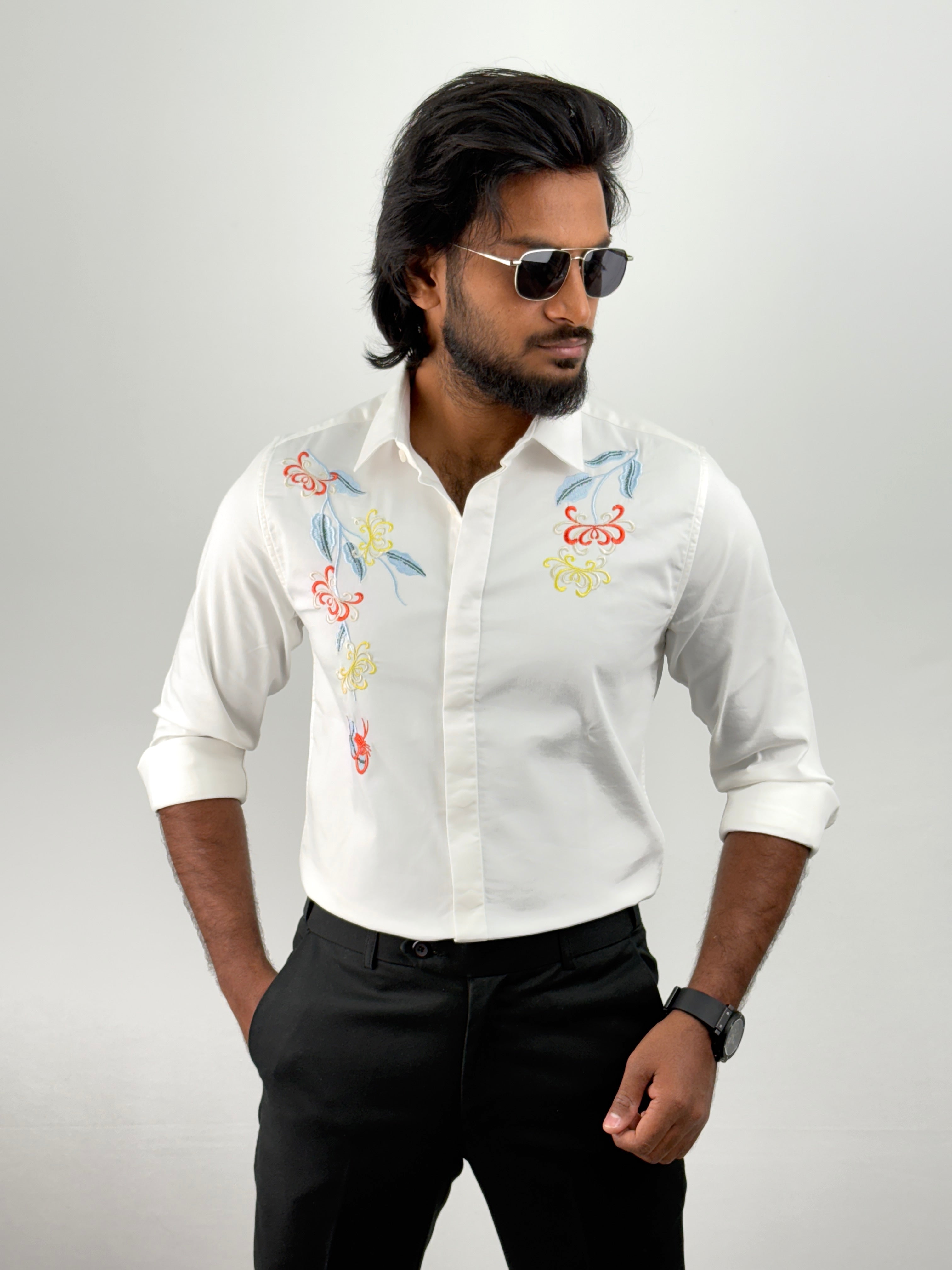 White Sateen Embroidery Shirt