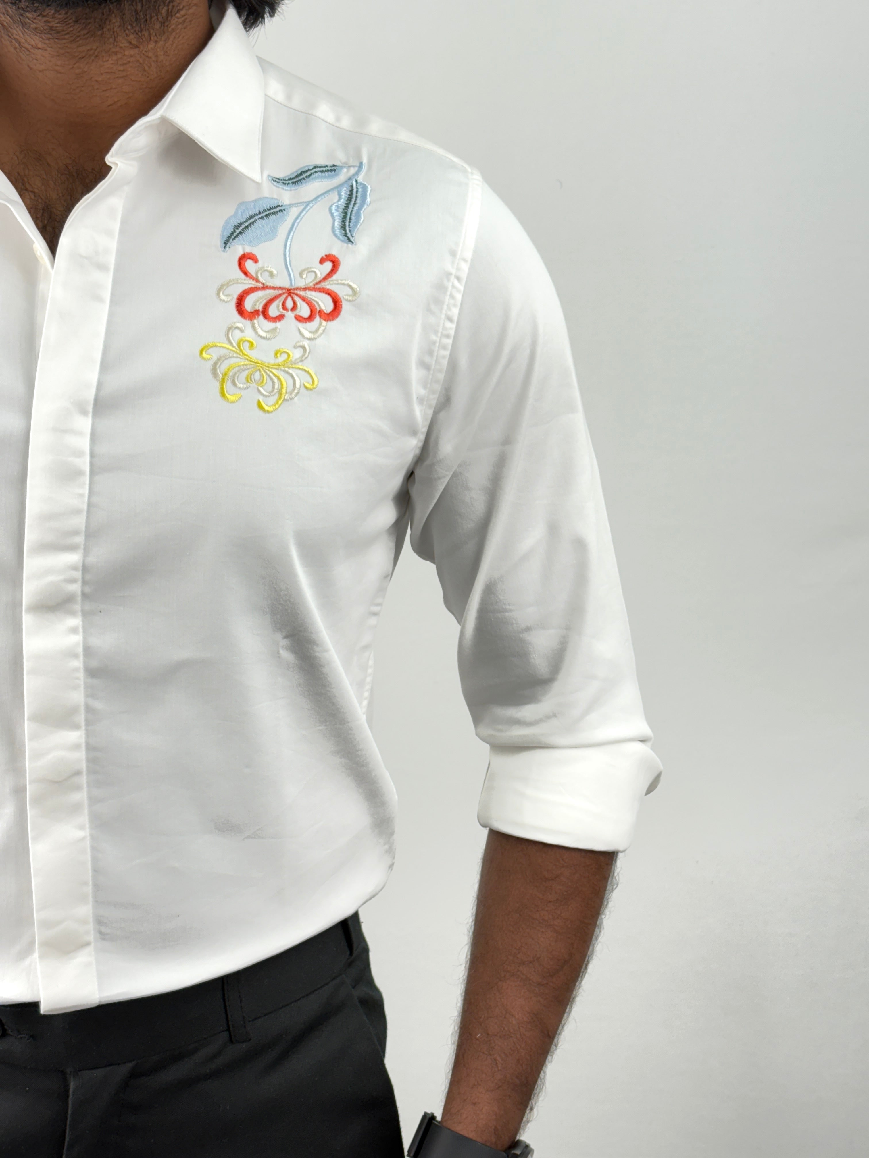 White Sateen Embroidery Shirt