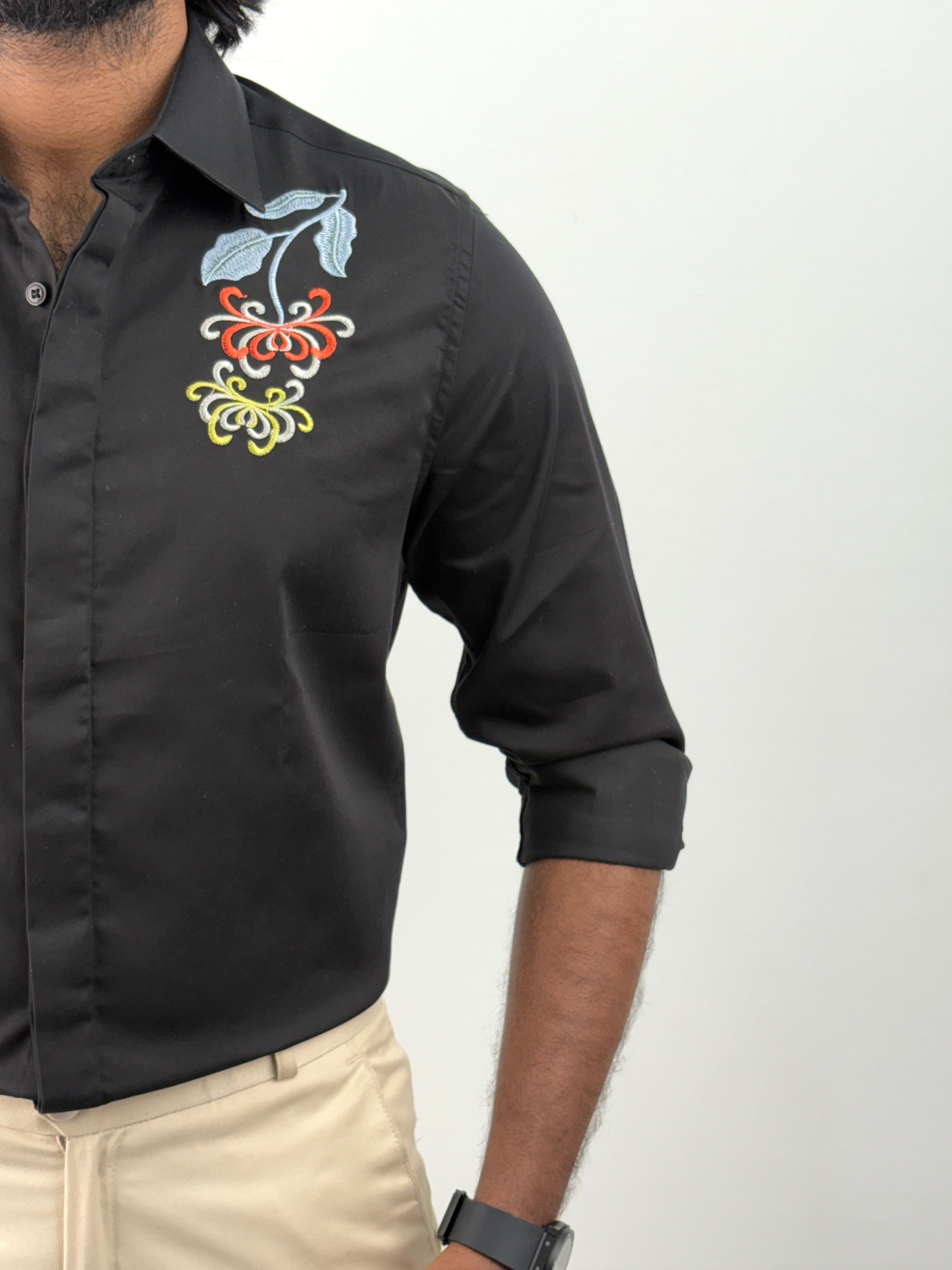Black Sateen Embroidery Shirt